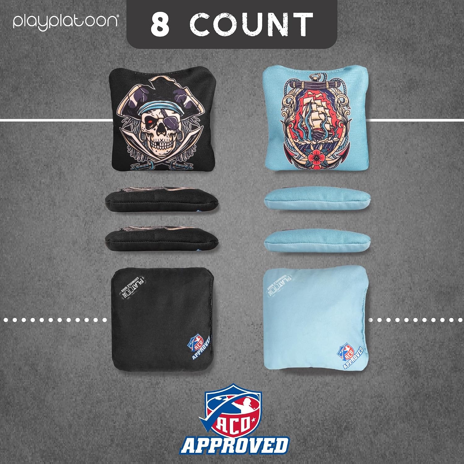 Play Platoon Cornhole Bags Set of 8 Regulation Professional Corn Hole Bean Bags ACO Approved, Competition Weight, Slick and Stick(Sea Blue / Black Pirate & Kraken) - view 5