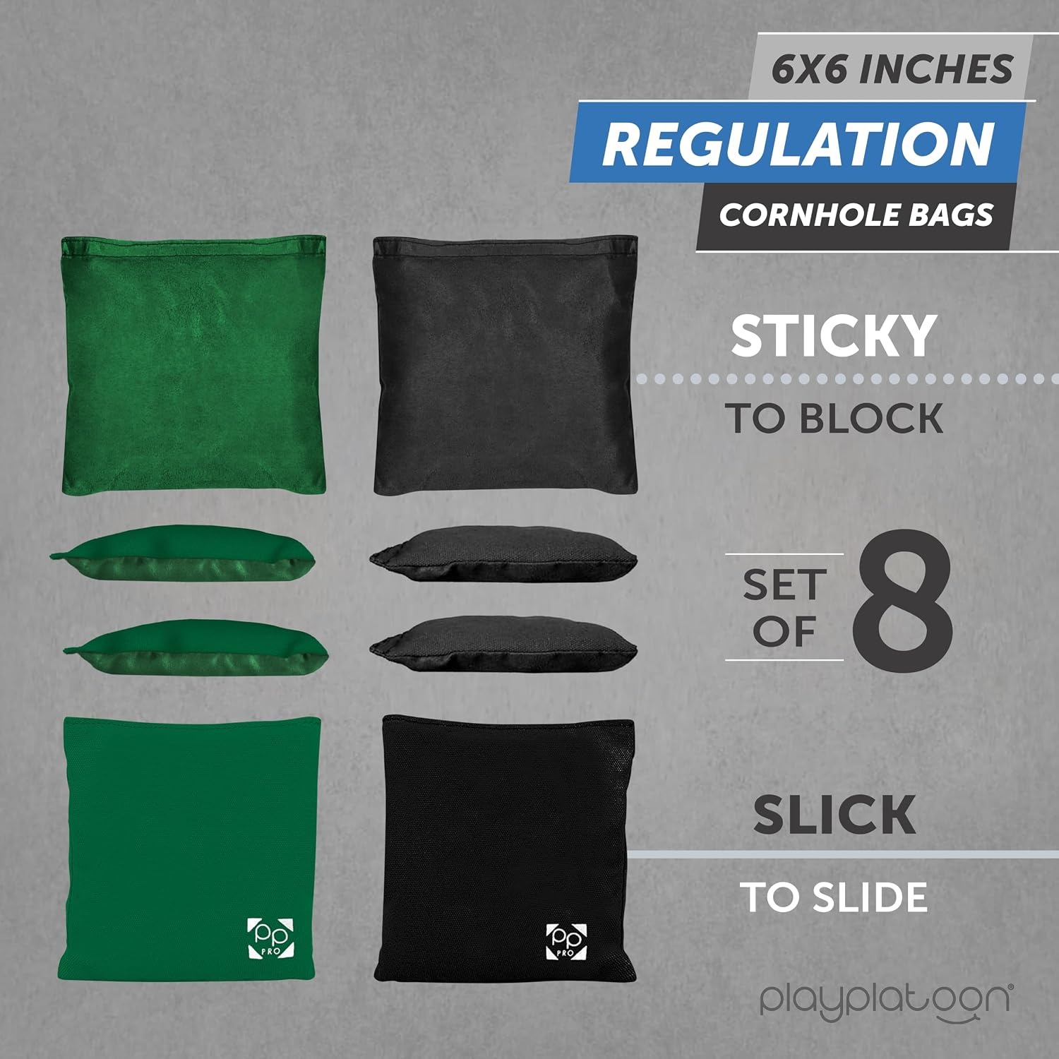 Professional Cornhole Bags – Set of 8 Regulation All Weather Double Sided – Sticky Side/Slick Side Bean Bags for Pro Corn Hole Game(Kelly Green & Black)