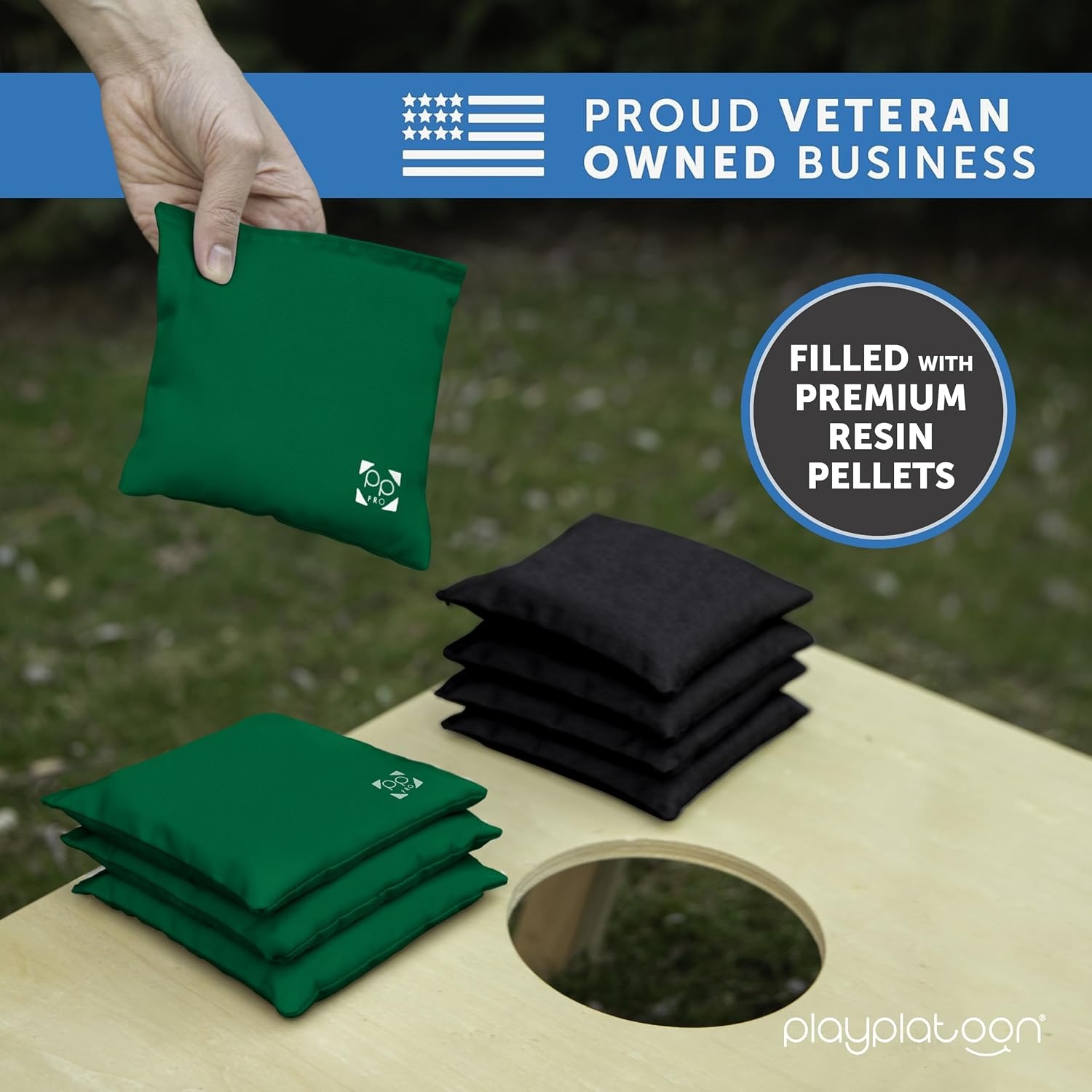Professional Cornhole Bags – Set of 8 Regulation All Weather Double Sided – Sticky Side/Slick Side Bean Bags for Pro Corn Hole Game(Kelly Green & Black) - view 5