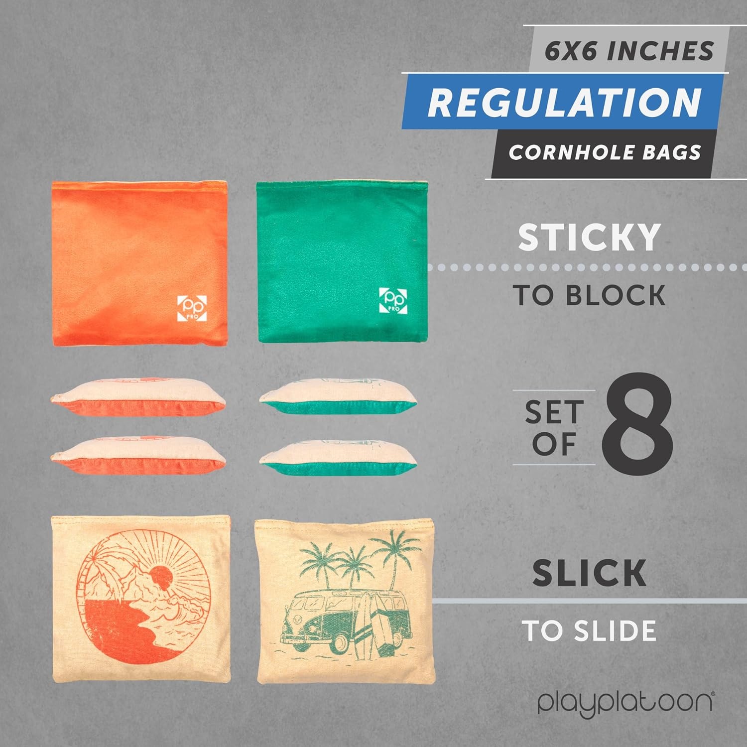 Professional Cornhole Bags – Set of 8 Regulation All Weather Double Sided – Sticky Side/Slick Side Bean Bags for Pro Corn Hole Game(Seafoam / Orange Surf & Ride)
