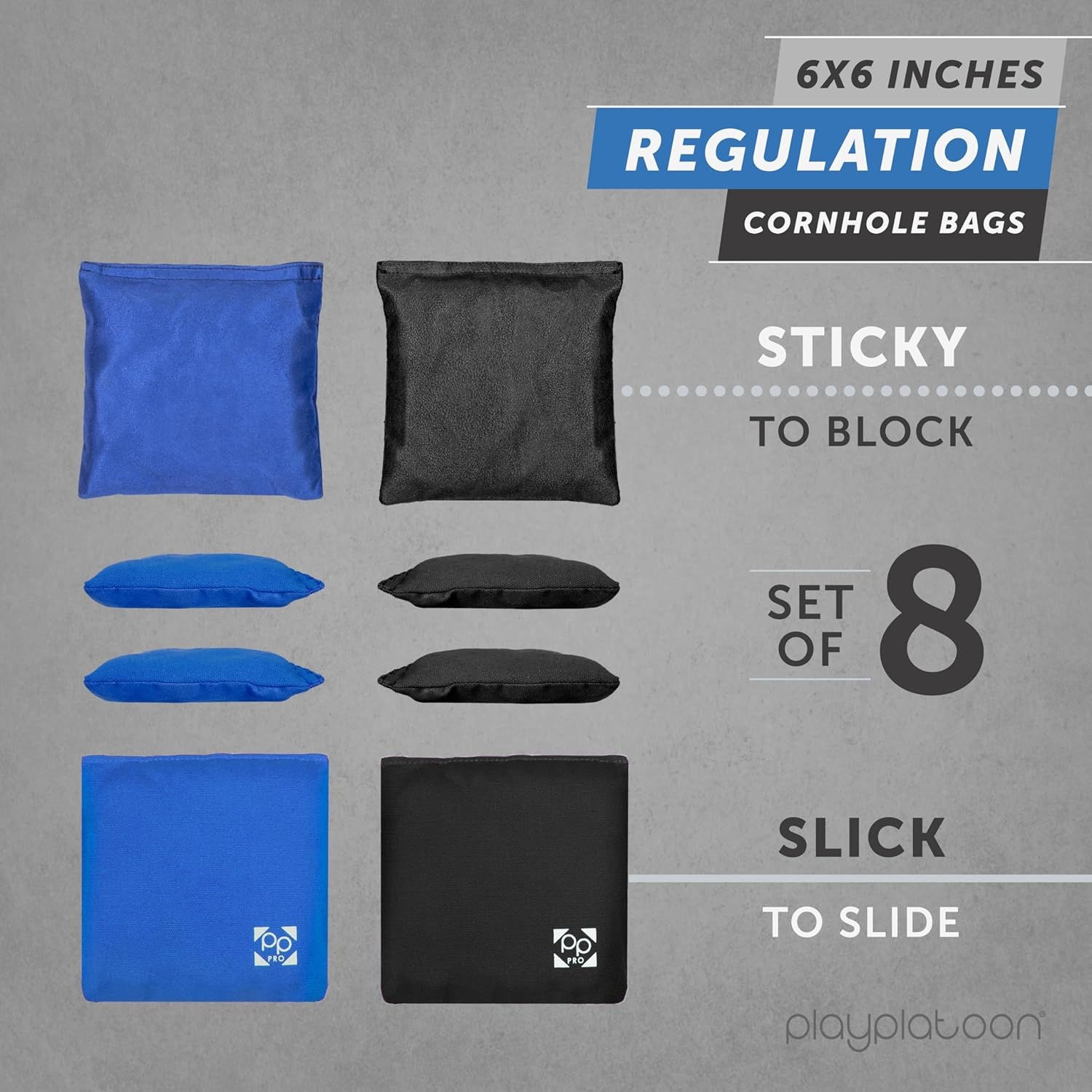 Professional Cornhole Bags – Set of 8 Regulation All Weather Double Sided – Sticky Side/Slick Side Bean Bags for Pro Corn Hole Game(Blue & Black)