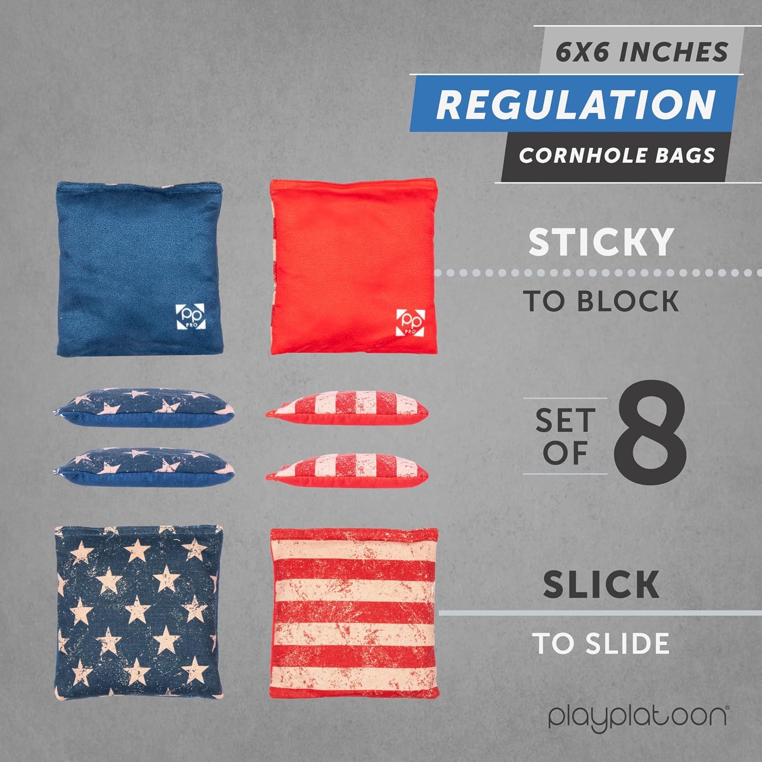 Professional Cornhole Bags – Set of 8 Regulation All Weather Double Sided – Sticky Side/Slick Side Bean Bags for Pro Corn Hole Game(Weathered Stars & Stripes)