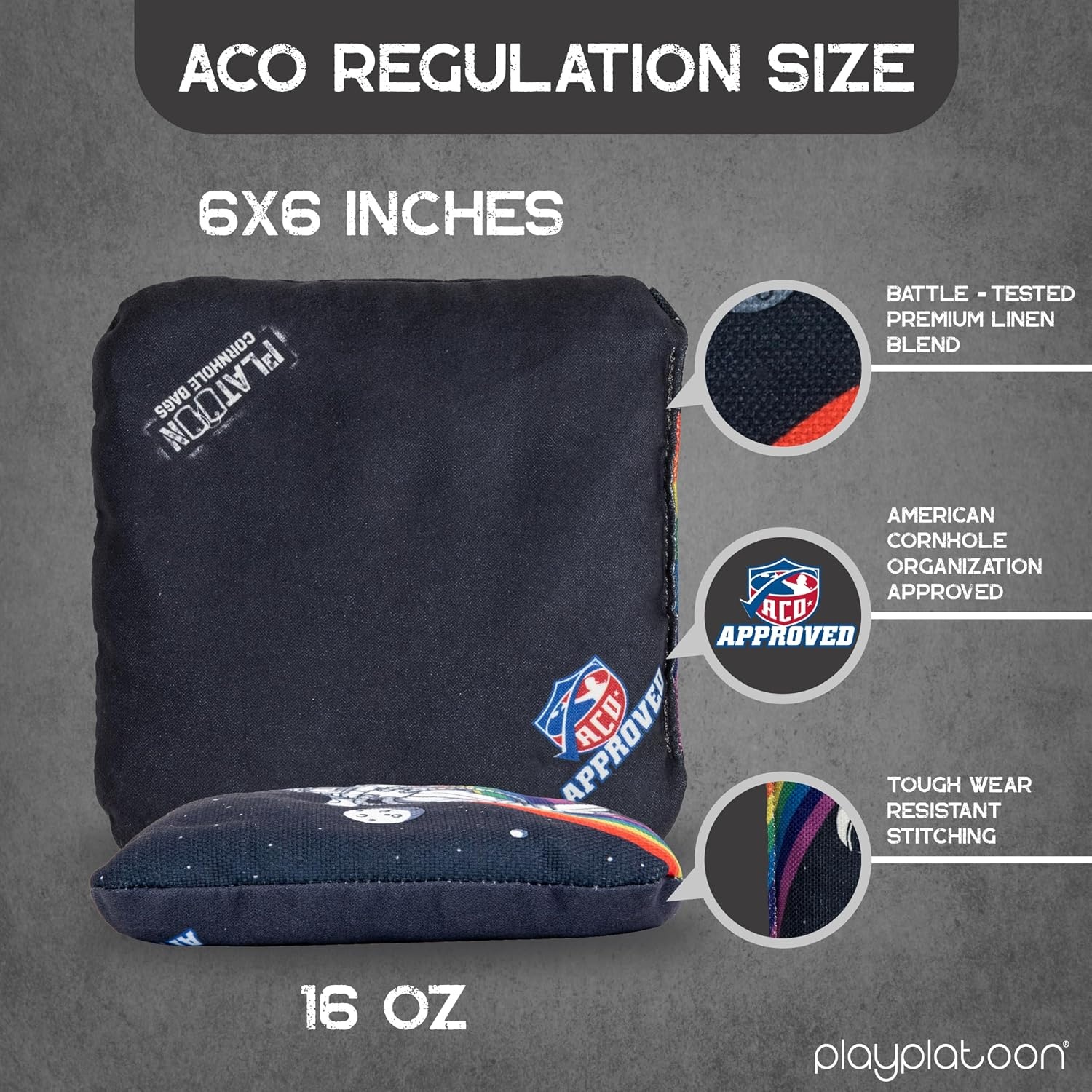 Play Platoon Cornhole Bags Set of 8 Regulation Professional Corn Hole Bean Bags ACO Approved, Competition Weight, Slick and Stick(Red/Black Rocket Man)