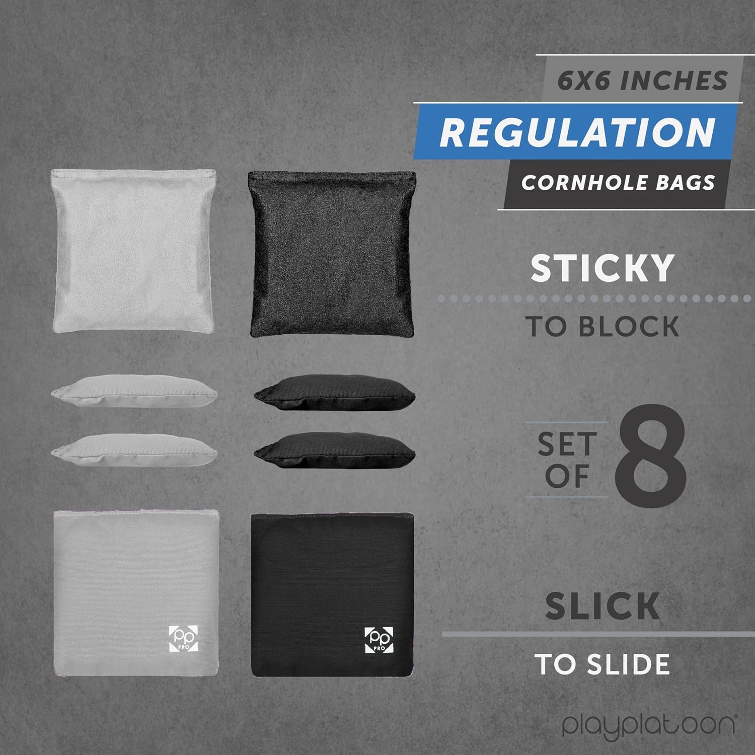 Professional Cornhole Bags – Set of 8 Regulation All Weather Double Sided – Sticky Side/Slick Side Bean Bags for Pro Corn Hole Game(Silver & Black)