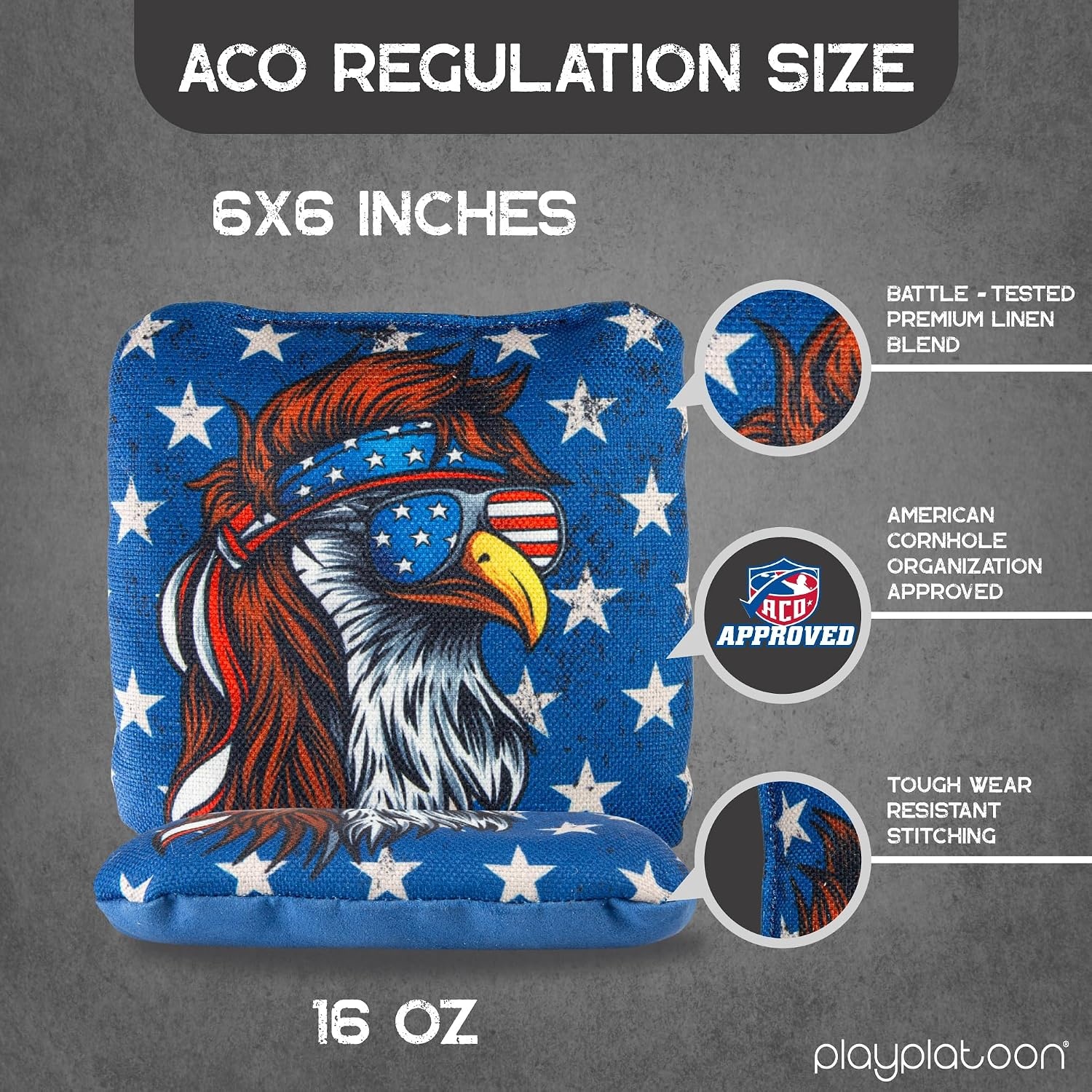 Play Platoon Cornhole Bags Set of 8 Regulation Professional Corn Hole Bean Bags ACO Approved, Competition Weight, Slick and Stick(Blue/Red not so Bald Eagle)