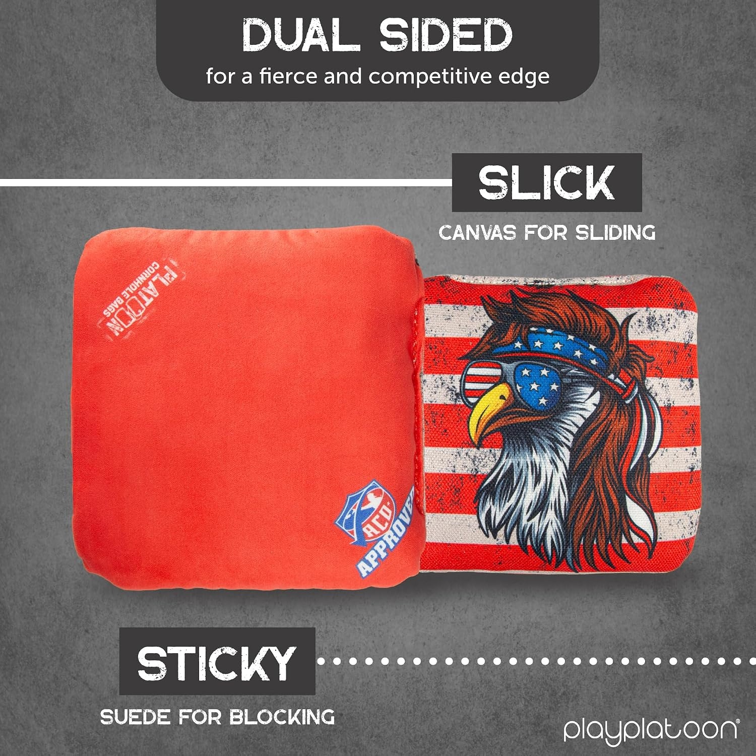 Play Platoon Cornhole Bags Set of 8 Regulation Professional Corn Hole Bean Bags ACO Approved, Competition Weight, Slick and Stick(Blue/Red not so Bald Eagle) - view 2