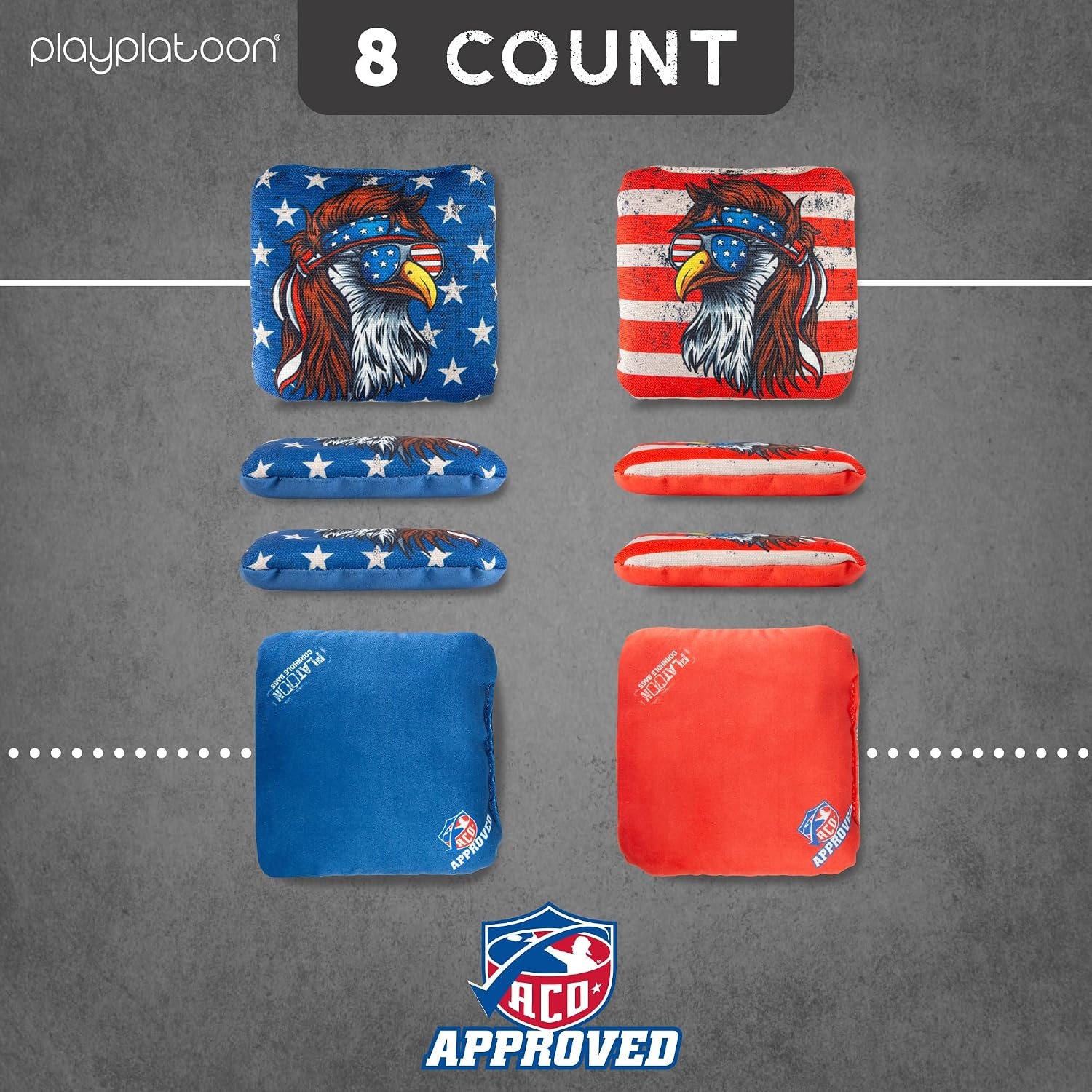 Play Platoon Cornhole Bags Set of 8 Regulation Professional Corn Hole Bean Bags ACO Approved, Competition Weight, Slick and Stick(Blue/Red not so Bald Eagle) - view 5