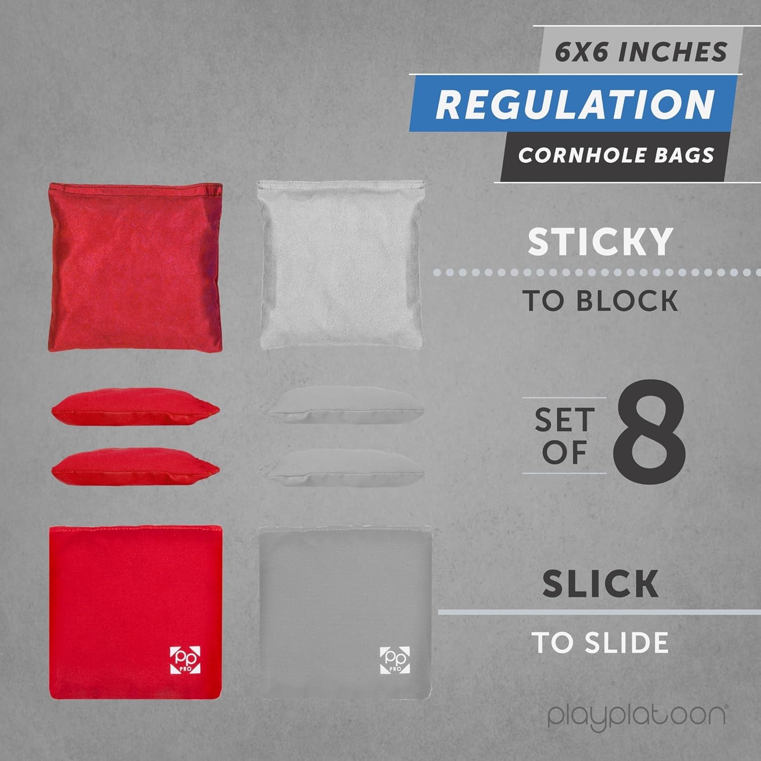 Professional Cornhole Bags – Set of 8 Regulation All Weather Double Sided – Sticky Side/Slick Side Bean Bags for Pro Corn Hole Game(Red & Gray)