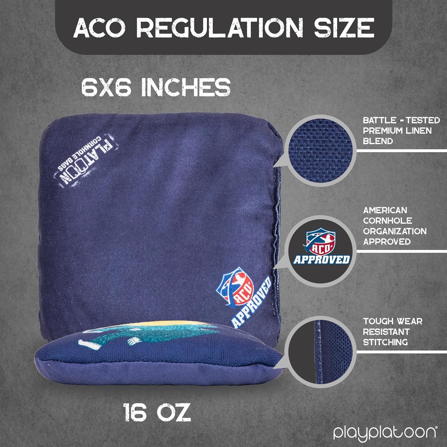 Play Platoon Cornhole Bags Set of 8 Regulation Professional Corn Hole Bean Bags ACO Approved, Competition Weight, Slick and Stick(Navy/ Tan Squatch & UFO)