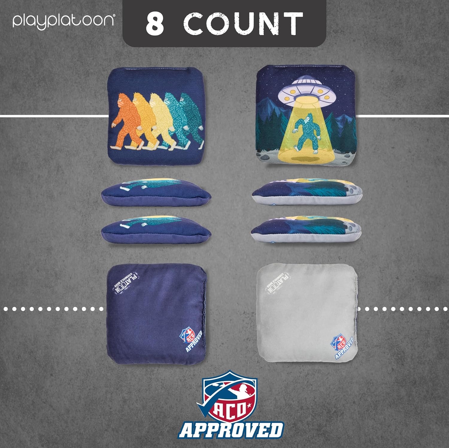 Play Platoon Cornhole Bags Set of 8 Regulation Professional Corn Hole Bean Bags ACO Approved, Competition Weight, Slick and Stick(Navy/ Tan Squatch & UFO) - view 5