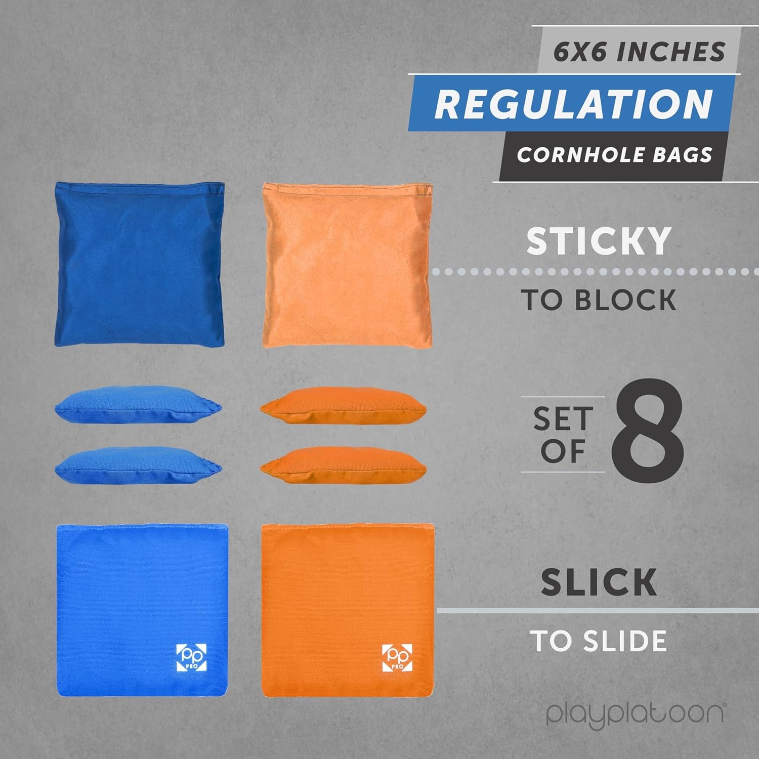 Professional Cornhole Bags – Set of 8 Regulation All Weather Double Sided – Sticky Side/Slick Side Bean Bags for Pro Corn Hole Game(Orange & Blue)