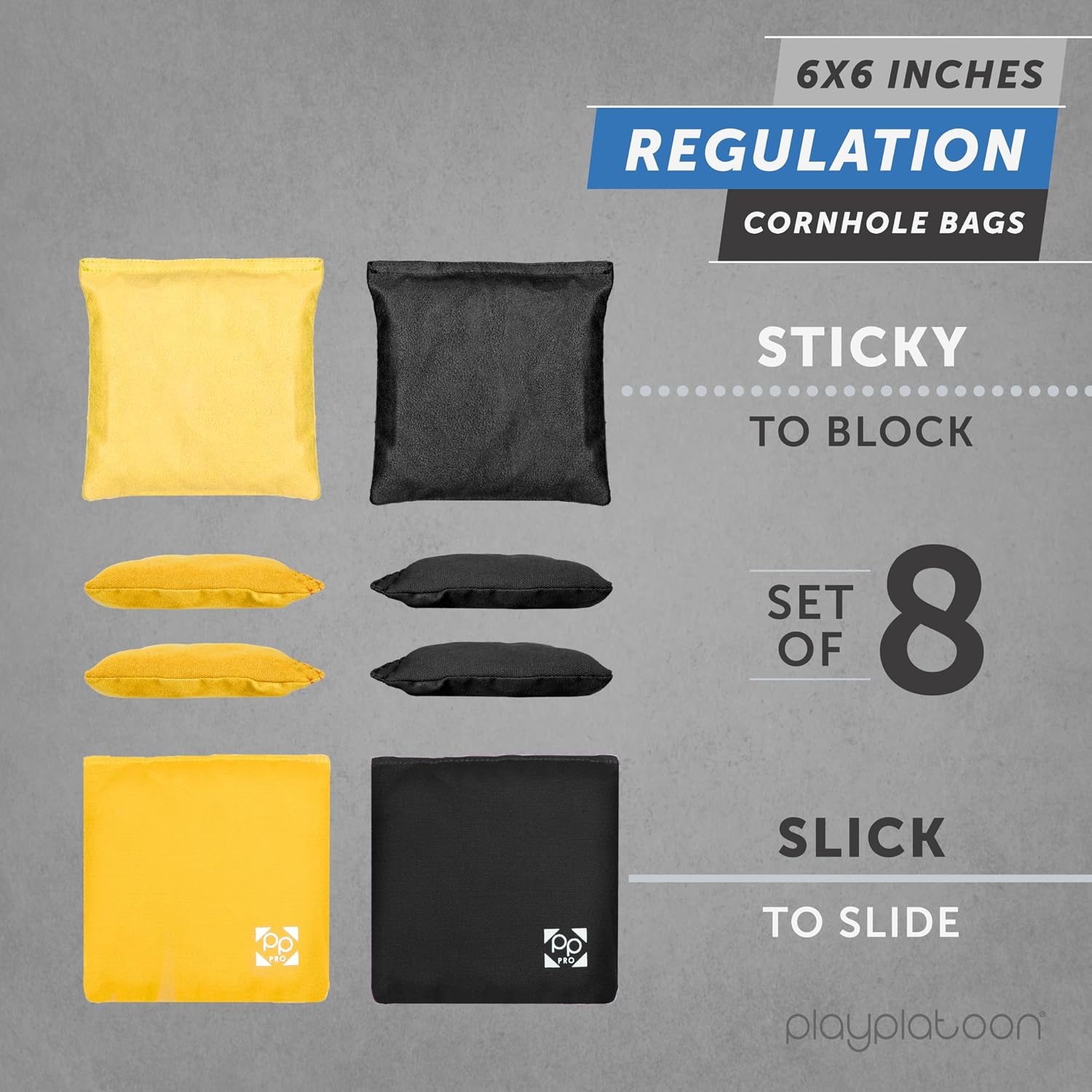 Professional Cornhole Bags – Set of 8 Regulation All Weather Double Sided – Sticky Side/Slick Side Bean Bags for Pro Corn Hole Game(Yellow & Black)