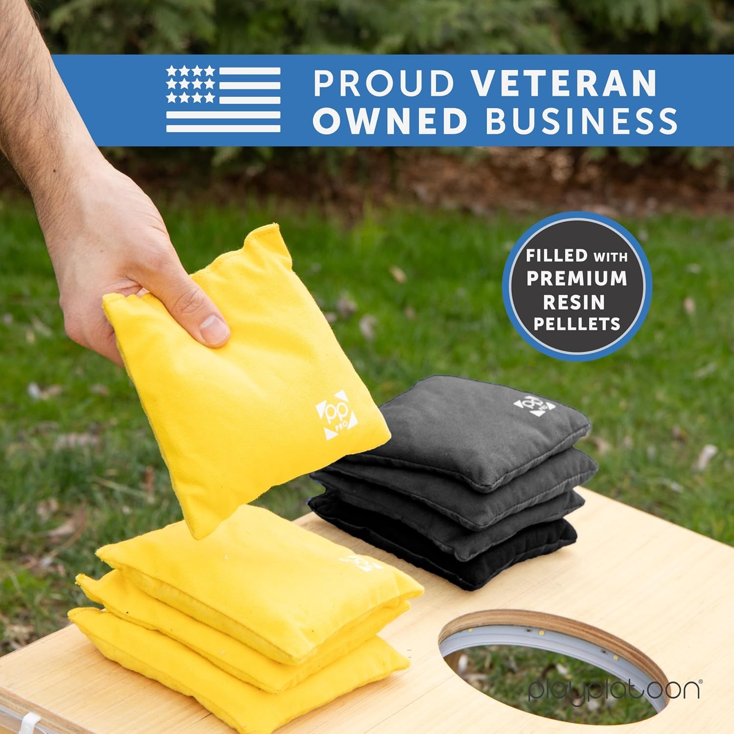 Professional Cornhole Bags – Set of 8 Regulation All Weather Double Sided – Sticky Side/Slick Side Bean Bags for Pro Corn Hole Game(Yellow & Black) - view 5