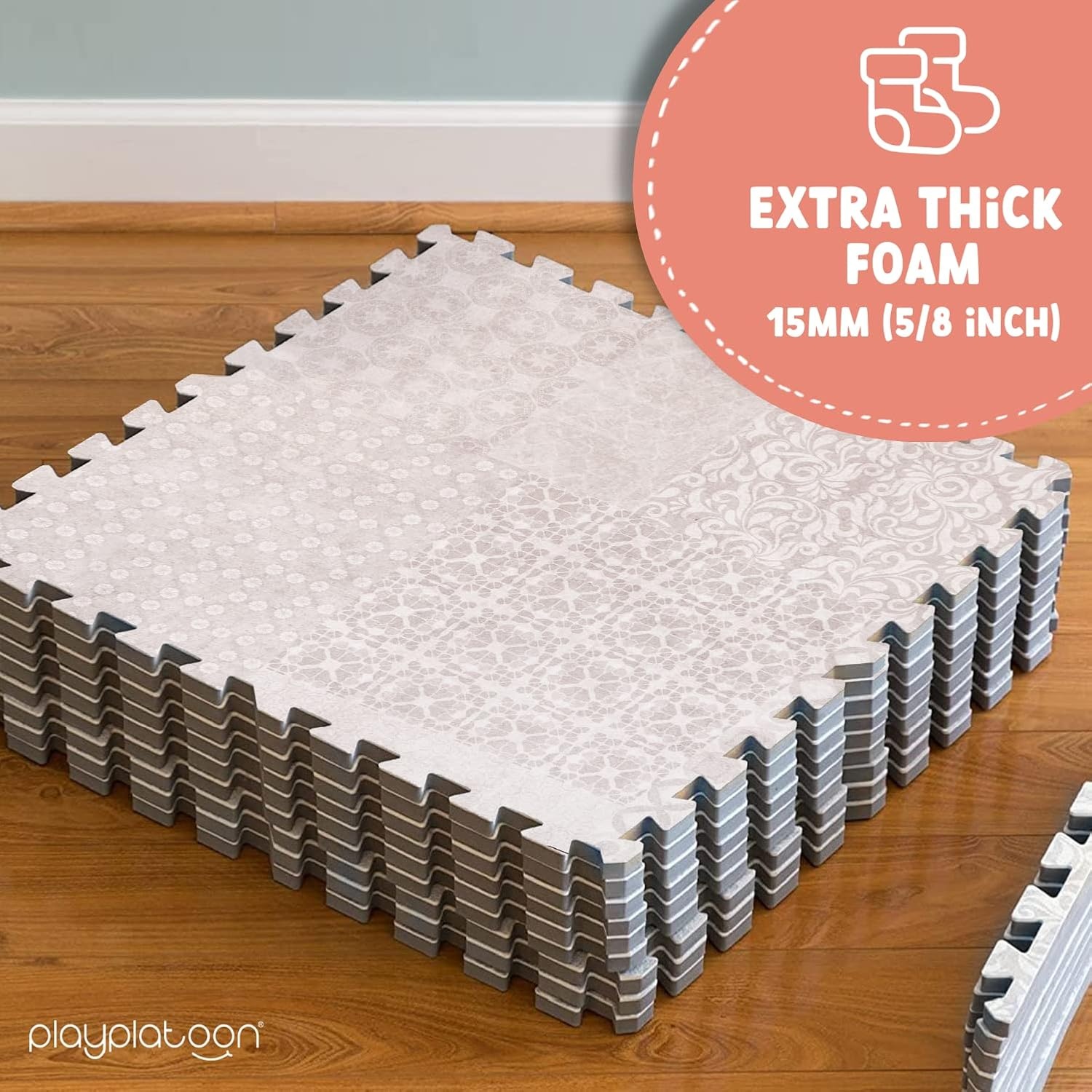 Play Platoon Non-Toxic Extra-Thick Children’s Play Mat, 9 Tiles – 72 x 72 inch Comfortable Cushiony Foam Floor Puzzle Mat for Kids & Toddlers with 24 x 24 inch Tiles – Black/White(Khaki) - view 5