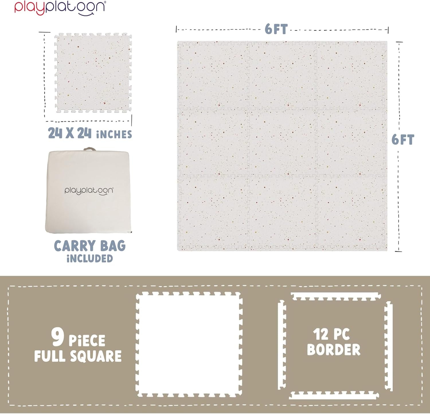 Play Platoon Non-Toxic Extra-Thick Children’s Play Mat, 9 Tiles – 72 x 72 inch Comfortable Cushiony Foam Floor Puzzle Mat for Kids & Toddlers with 24 x 24 inch Tiles – Black/White(Speckled Multi)