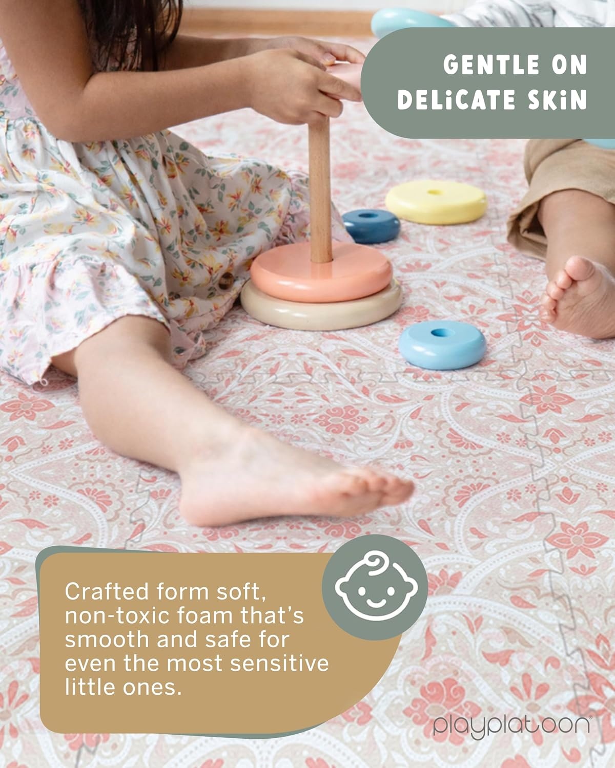 Play Platoon Non-Toxic Large Kids Play Mats for Floor, 9 Tile 72 x 72 inch – Extra-Thick Foam Tiles, 24 x 24 inch Puzzle Mat Pieces, Neutral Playmat Rug for Toddler & Childrens Playroom – Acadia Print(Petal) - view 3