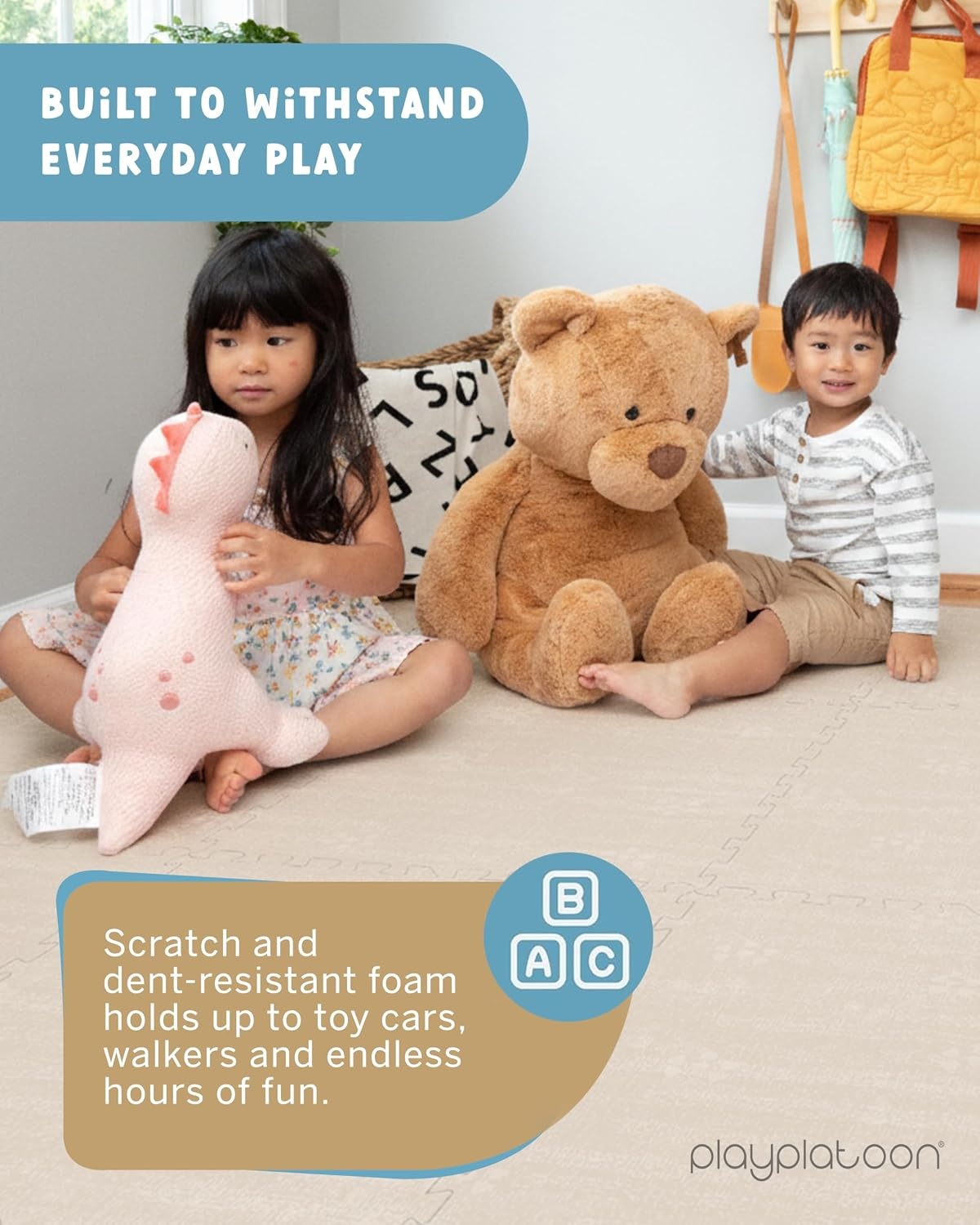 Play Platoon Large Baby Play Mat for Floor 9 Tile 72 x 72 in – Extra-Thick Interlocking Foam Tiles 24 x 24 in – Soft Puzzle Mats for Playroom – Neutral Playmat Rug for Kids – Triangle(Brushed Cotton) - view 2