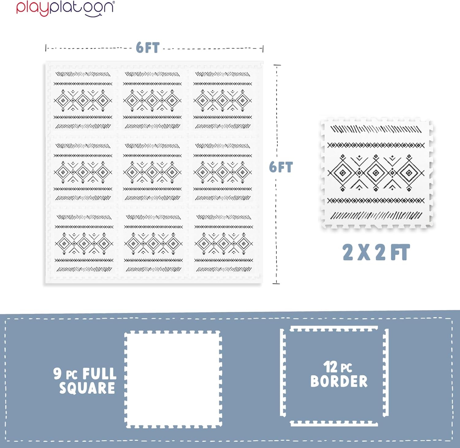 Play Platoon Non-Toxic Large Kids Play Mats for Floor, 9 Tile 72 x 72 inch – Extra-Thick Foam Tiles, 24 x 24 inch Puzzle Mat Pieces, Neutral Playmat Rug for Toddler & Childrens Playroom – Acadia Print(White & Black)