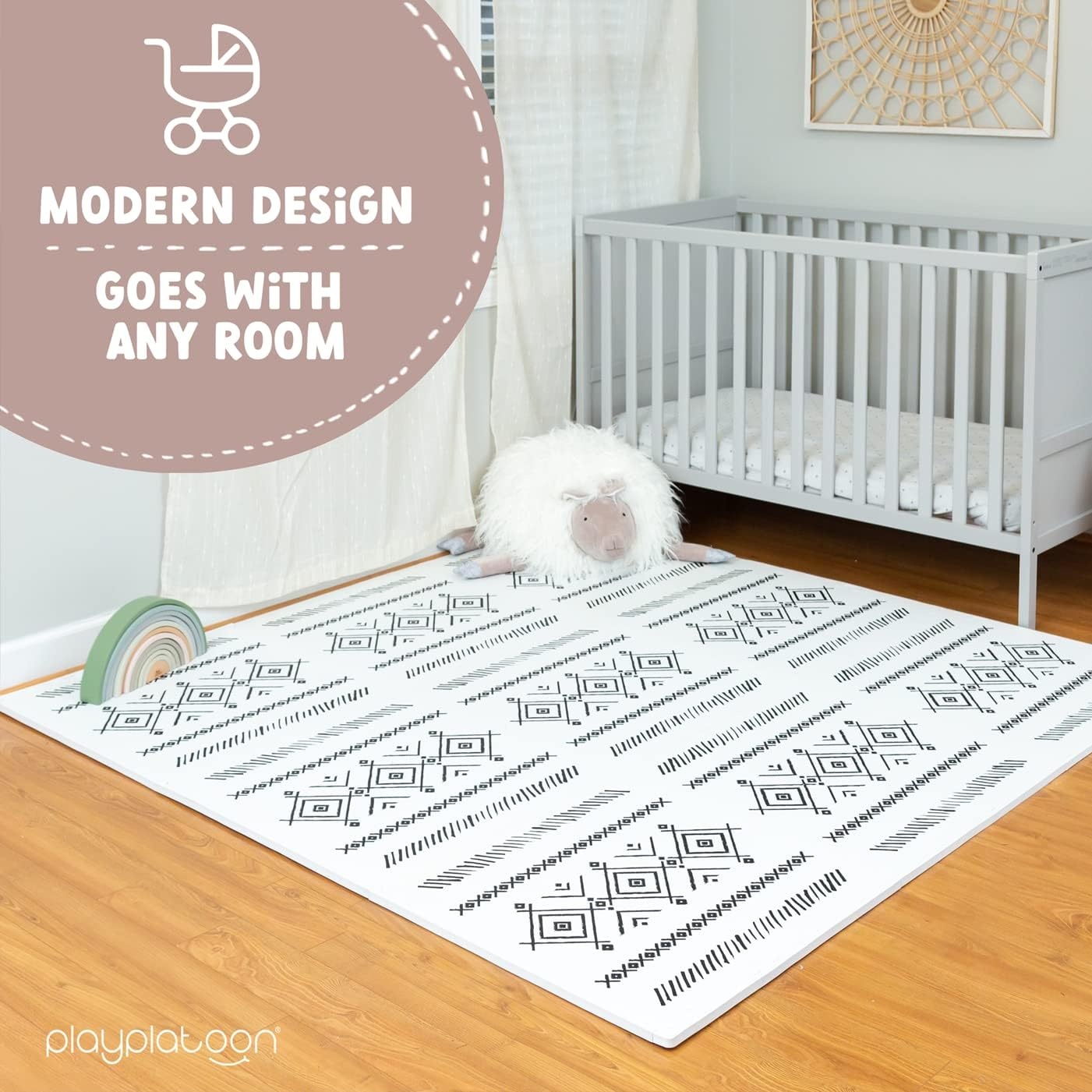 Play Platoon Non-Toxic Large Kids Play Mats for Floor, 9 Tile 72 x 72 inch – Extra-Thick Foam Tiles, 24 x 24 inch Puzzle Mat Pieces, Neutral Playmat Rug for Toddler & Childrens Playroom – Acadia Print(White & Black) - view 5