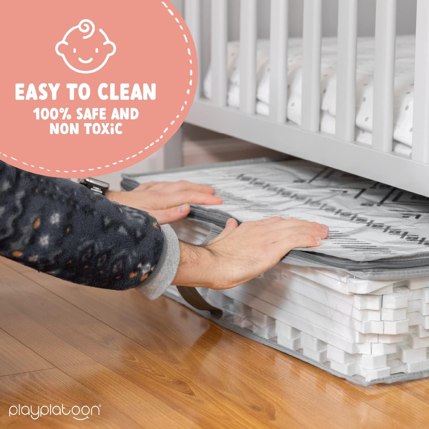 Play Platoon Non-Toxic Large Kids Play Mats for Floor, 9 Tile 72 x 72 inch – Extra-Thick Foam Tiles, 24 x 24 inch Puzzle Mat Pieces, Neutral Playmat Rug for Toddler & Childrens Playroom – Acadia Print(White & Black) - view 6