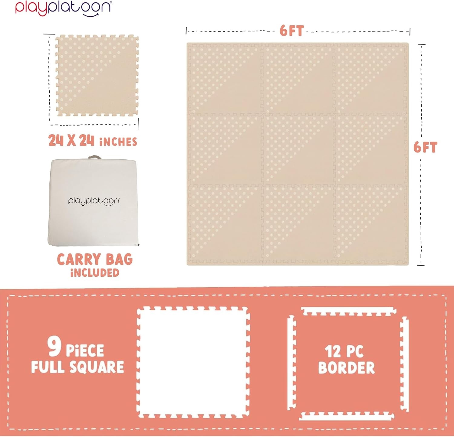 Play Platoon Large Baby Play Mat for Floor 9 Tile 72 x 72 in – Extra-Thick Interlocking Foam Tiles 24 x 24 in – Soft Puzzle Mats for Playroom – Neutral Playmat Rug for Kids – Triangle(Triangle)