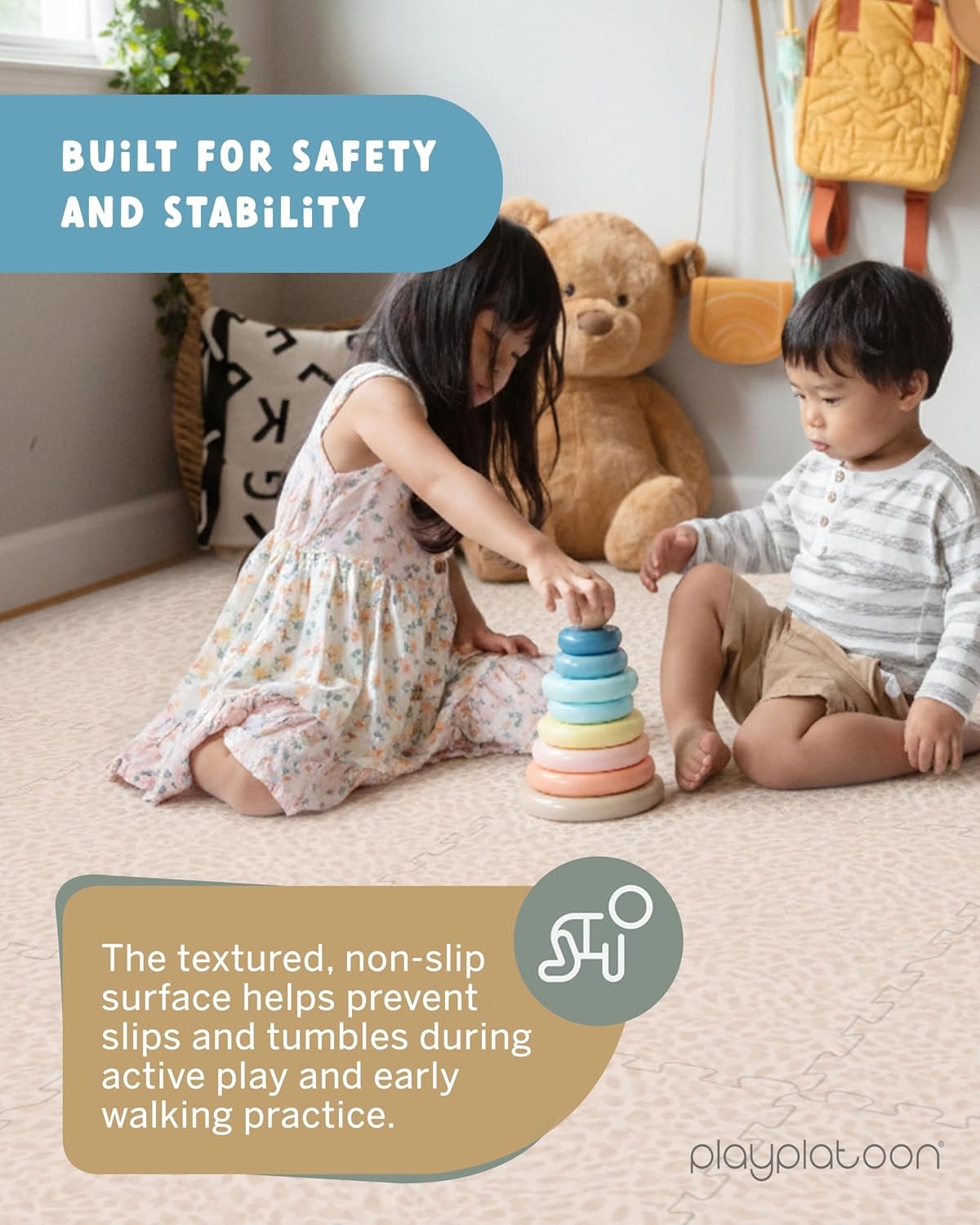Play Platoon Non-Toxic Large Kids Play Mats for Floor, 9 Tile 72 x 72 inch – Extra-Thick Foam Tiles, 24 x 24 inch Puzzle Mat Pieces, Neutral Playmat Rug for Toddler & Childrens Playroom – Acadia Print(Savanna) - view 7