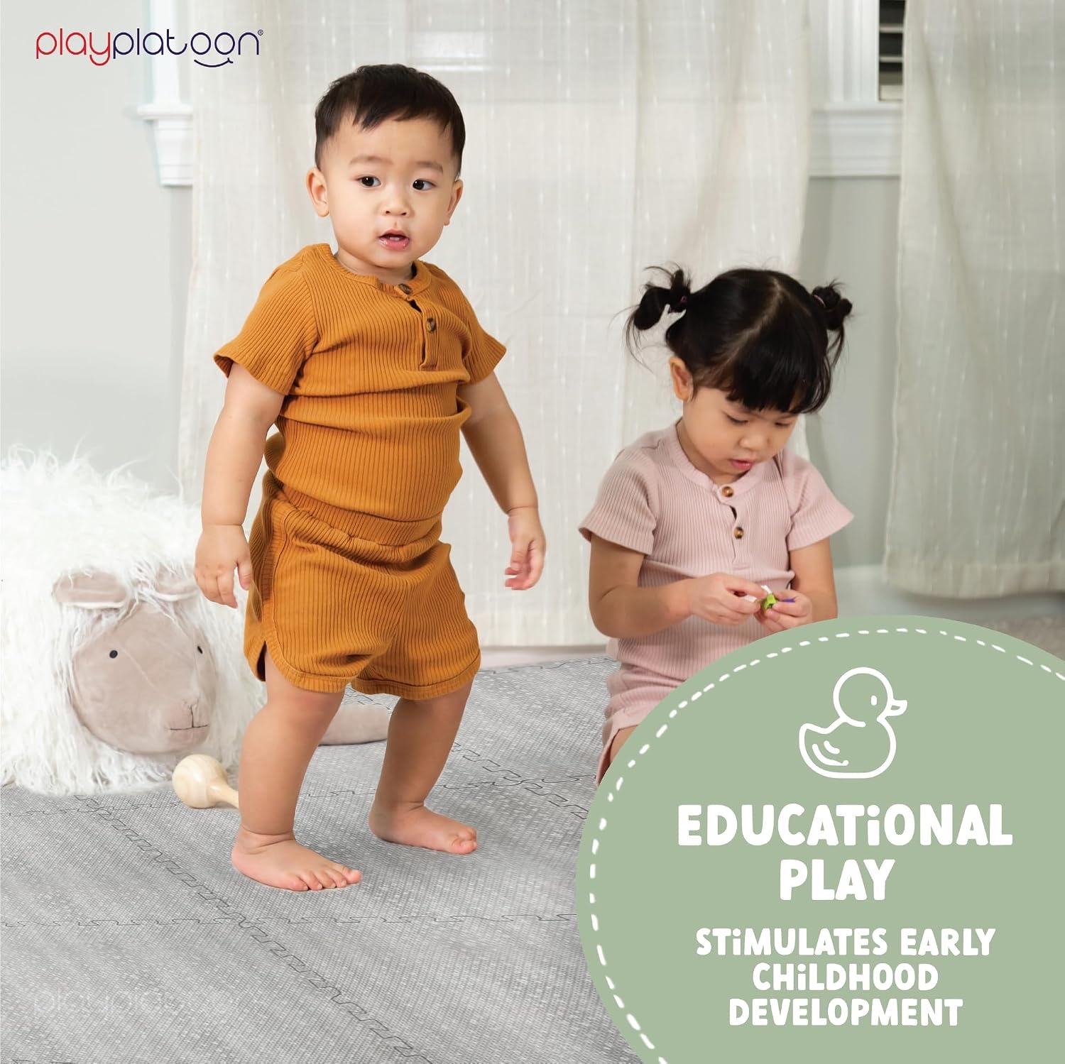 Play Platoon Non-Toxic Large Kids Play Mats for Floor, 9 Tile 72 x 72 inch – Extra-Thick Foam Tiles, 24 x 24 inch Puzzle Mat Pieces, Neutral Playmat Rug for Toddler & Childrens Playroom – Acadia Print(Beige) - view 5