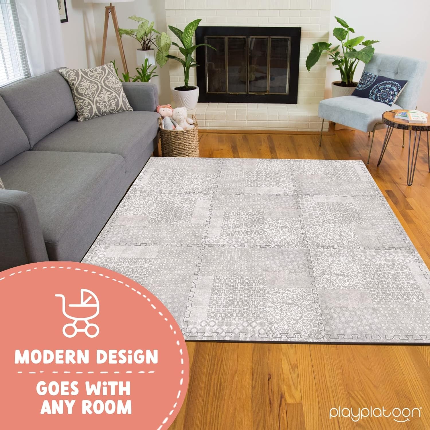 Play Platoon Non-Toxic Large Kids Play Mats for Floor, 9 Tile 72 x 72 inch – Extra-Thick Foam Tiles, 24 x 24 inch Puzzle Mat Pieces, Neutral Playmat Rug for Toddler & Childrens Playroom – Acadia Print(Khaki) - view 6