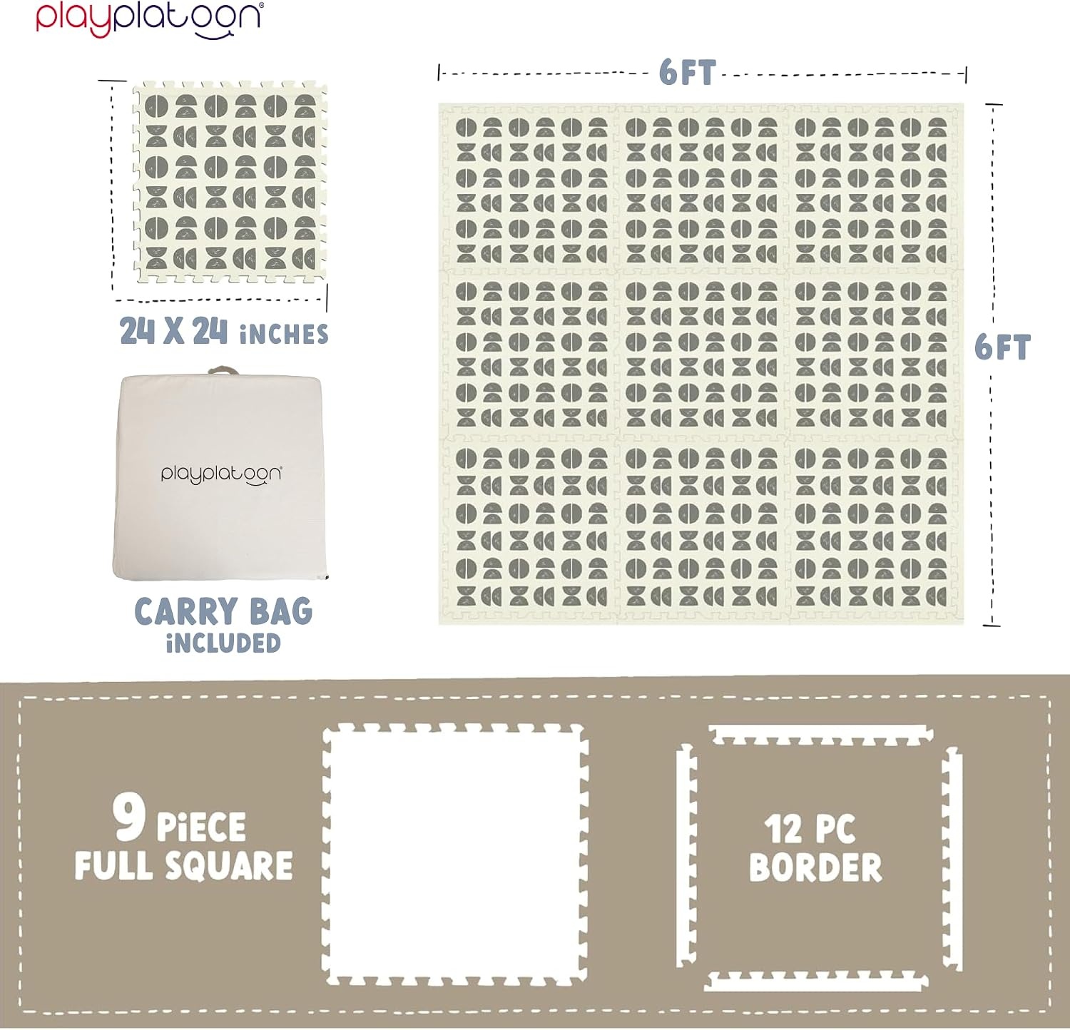 Play Platoon Large Baby Play Mat for Floor 9 Tile 72 x 72 in – Extra-Thick Interlocking Foam Tiles 24 x 24 in – Soft Puzzle Mats for Playroom – Neutral Playmat Rug for Kids – Triangle(Half Moon)