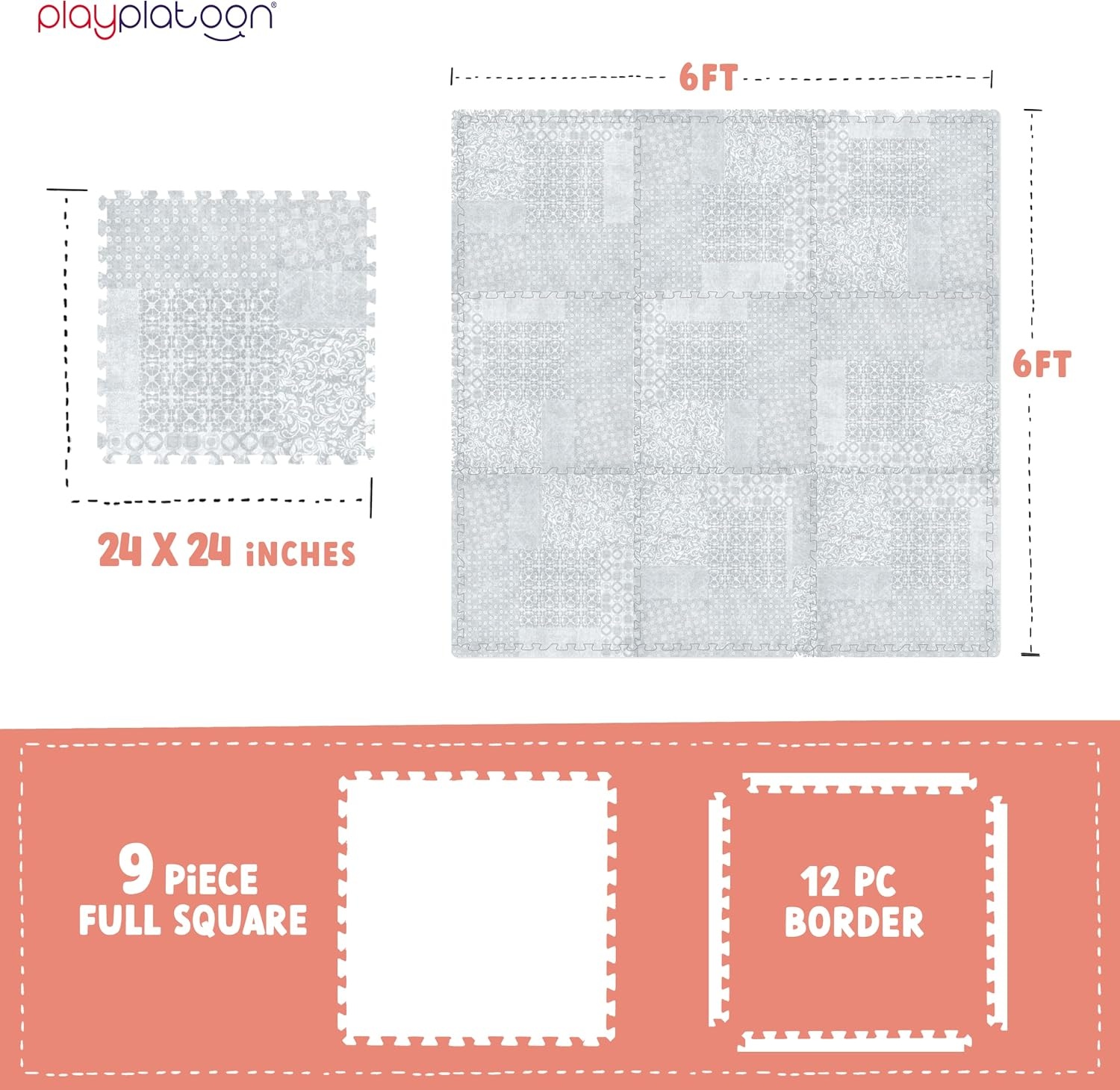 Play Platoon Large Baby Play Mat for Floor 9 Tile 72 x 72 in – Extra-Thick Interlocking Foam Tiles 24 x 24 in – Soft Puzzle Mats for Playroom – Neutral Playmat Rug for Kids – Triangle(Grey)