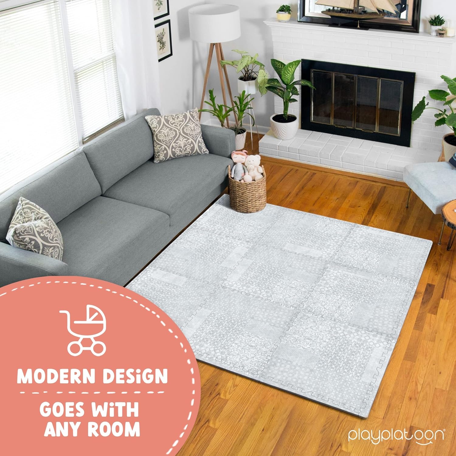 Play Platoon Large Baby Play Mat for Floor 9 Tile 72 x 72 in – Extra-Thick Interlocking Foam Tiles 24 x 24 in – Soft Puzzle Mats for Playroom – Neutral Playmat Rug for Kids – Triangle(Grey) - view 4