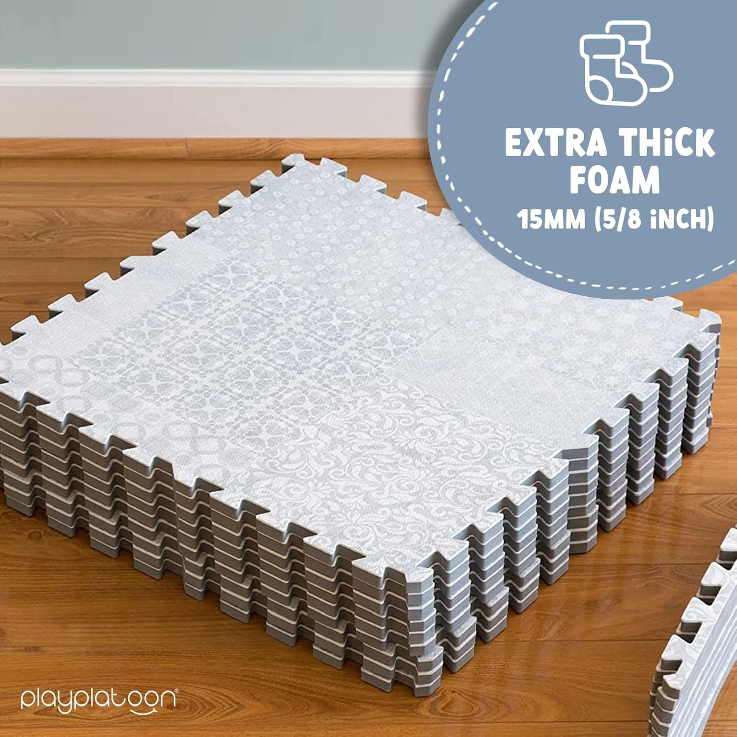 Play Platoon Large Baby Play Mat for Floor 9 Tile 72 x 72 in – Extra-Thick Interlocking Foam Tiles 24 x 24 in – Soft Puzzle Mats for Playroom – Neutral Playmat Rug for Kids – Triangle(Grey) - view 5