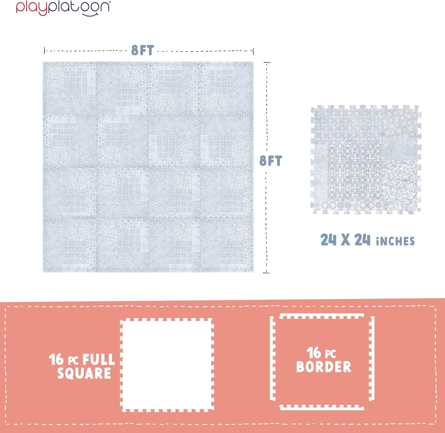 Play Platoon Large Baby Play Mat for Floor 9 Tile 72 x 72 in – Extra-Thick Interlocking Foam Tiles 24 x 24 in – Soft Puzzle Mats for Playroom – Neutral Playmat Rug for Kids – Triangle(Grey) - view 7
