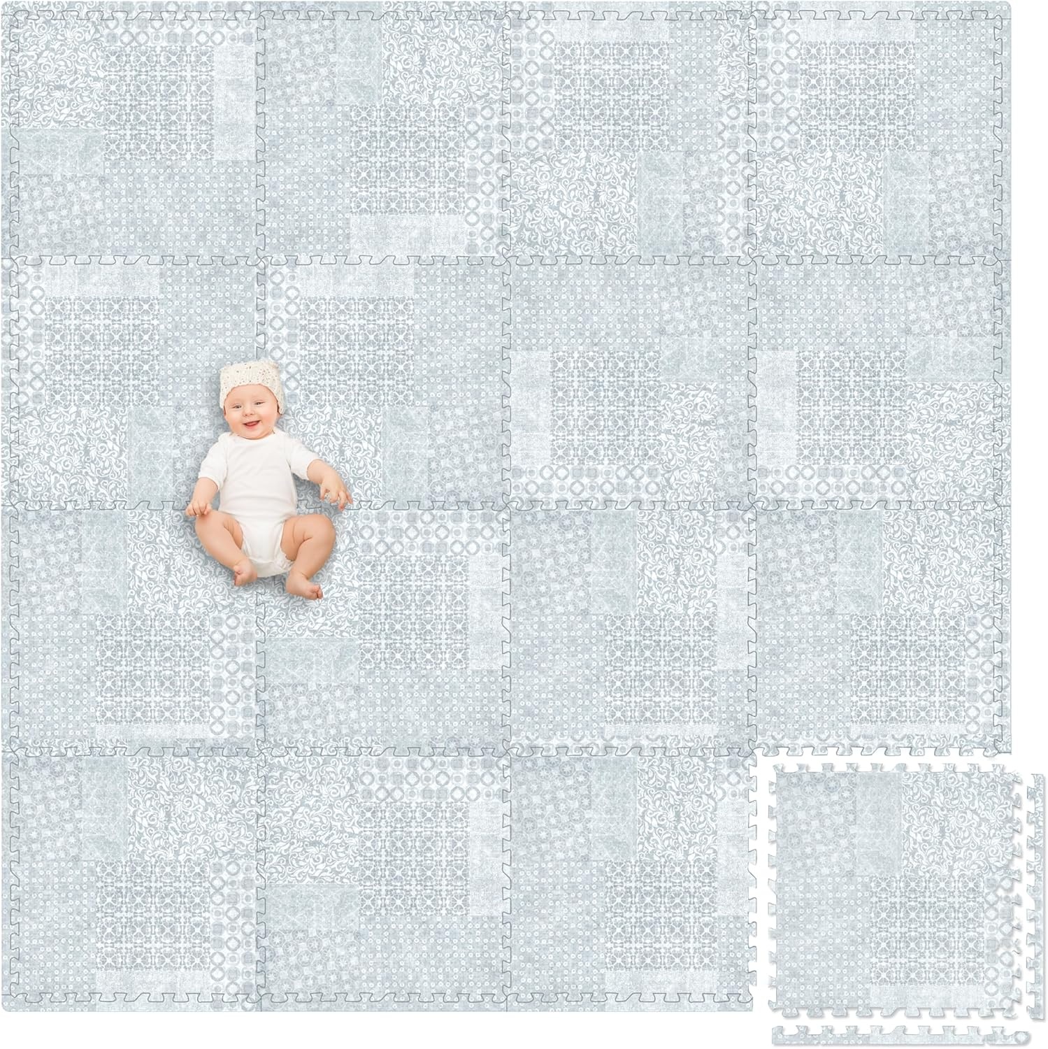 Play Platoon Non-Toxic Large Kids Play Mats for Floor, 9 Tile 72 x 72 inch – Extra-Thick Foam Tiles, 24 x 24 inch Puzzle Mat Pieces, Neutral Playmat Rug for Toddler & Childrens Playroom – Acadia Print(Grey) - view 6