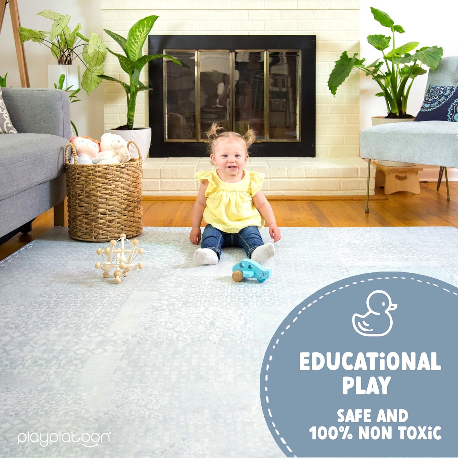 Play Platoon Non-Toxic Large Kids Play Mats for Floor, 9 Tile 72 x 72 inch – Extra-Thick Foam Tiles, 24 x 24 inch Puzzle Mat Pieces, Neutral Playmat Rug for Toddler & Childrens Playroom – Acadia Print(Grey) - view 8