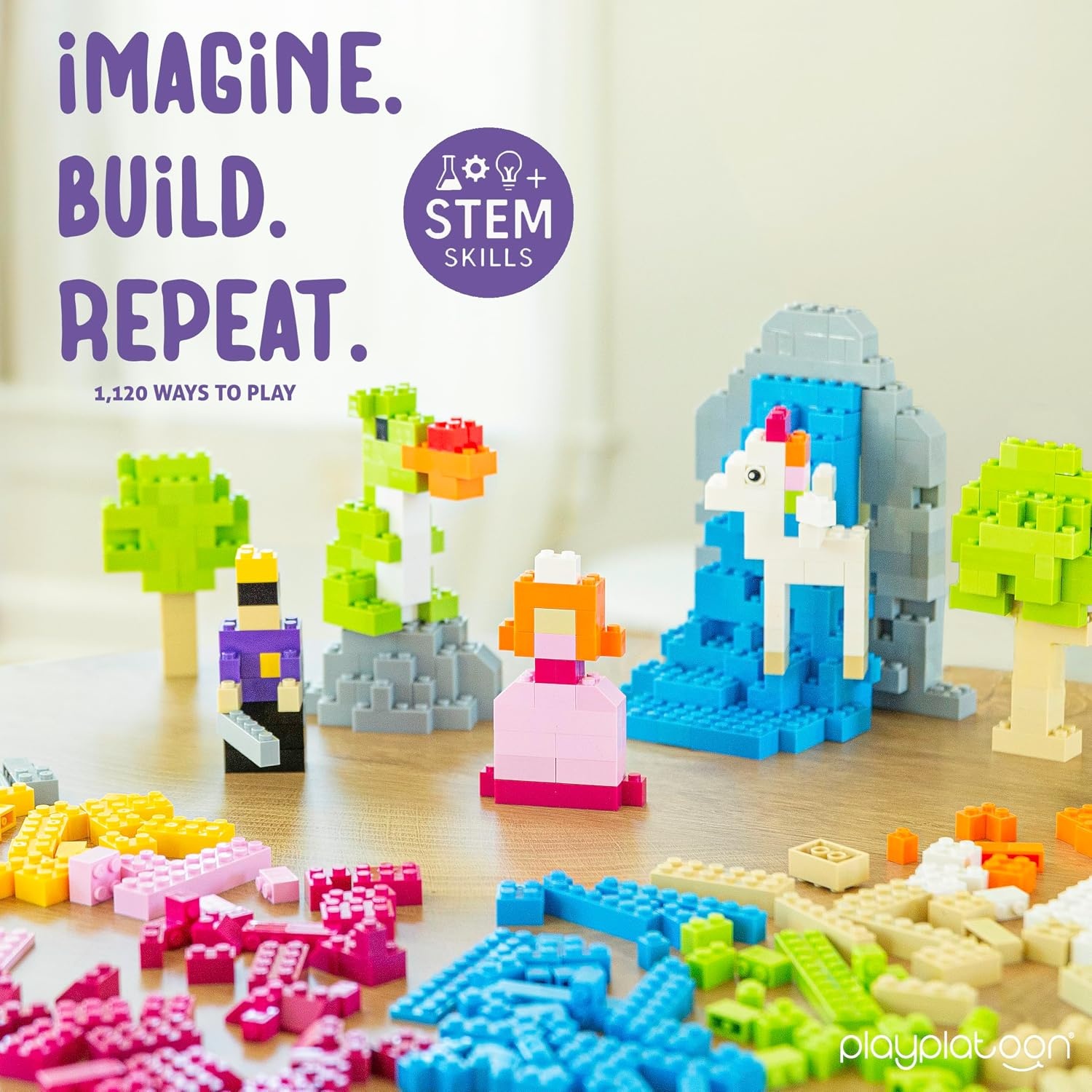 Play Platoon 1120 Pieces Building Bricks Set – 10 Classic Color Blocks – Bulk Building Blocks Compatible with Major Brands – 14 Different Shape Bricks – Includes Wheels, Tires, Axles, Windows & Door(1 100 Pieces – Pastel Colors) - view 2