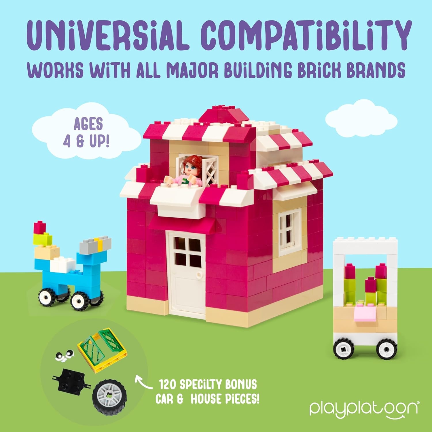 Play Platoon 1120 Pieces Building Bricks Set – 10 Classic Color Blocks – Bulk Building Blocks Compatible with Major Brands – 14 Different Shape Bricks – Includes Wheels, Tires, Axles, Windows & Door(1 100 Pieces – Pastel Colors) - view 3