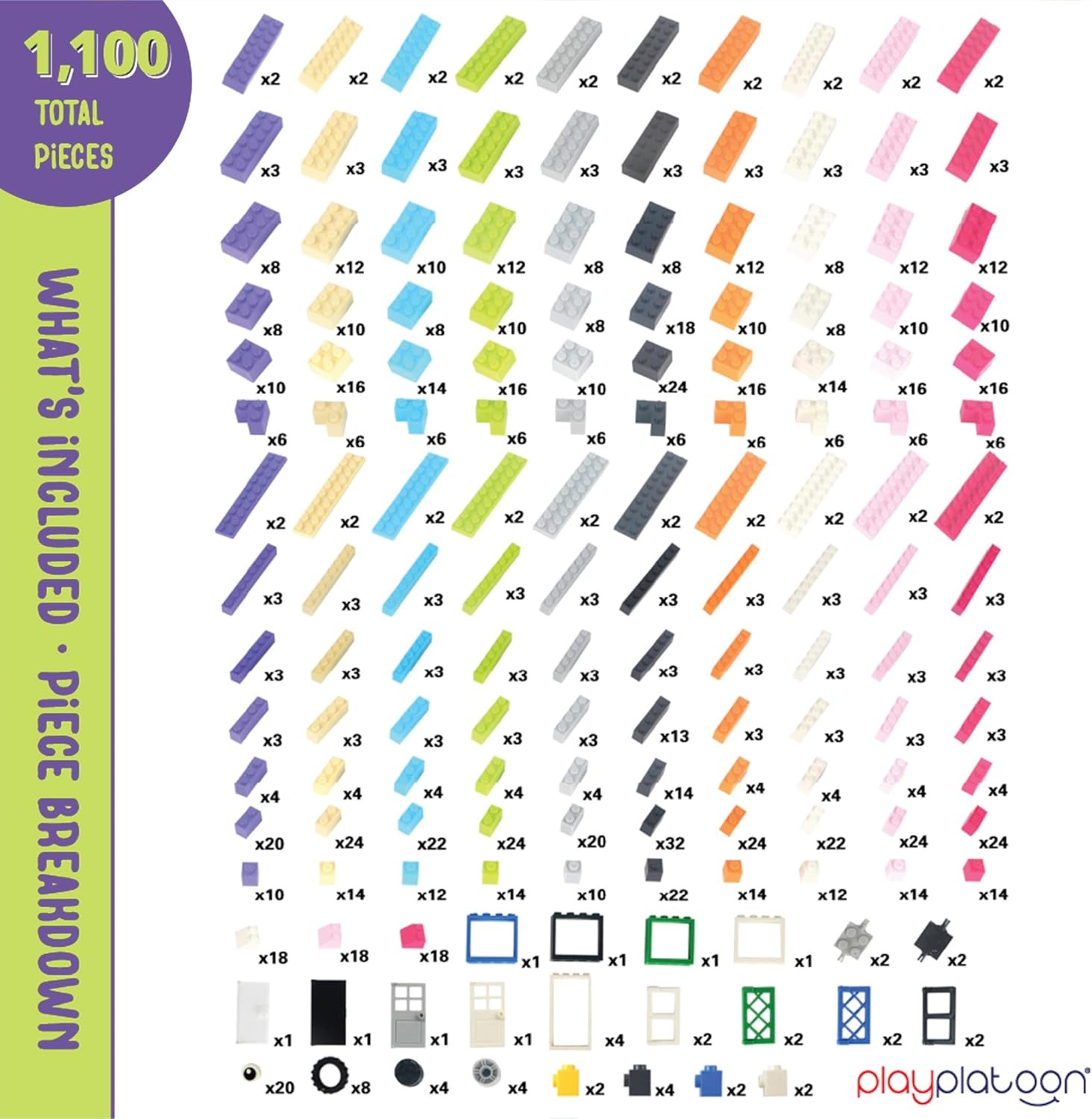 Play Platoon 1120 Pieces Building Bricks Set – 10 Classic Color Blocks – Bulk Building Blocks Compatible with Major Brands – 14 Different Shape Bricks – Includes Wheels, Tires, Axles, Windows & Door(1 100 Pieces – Pastel Colors) - view 4