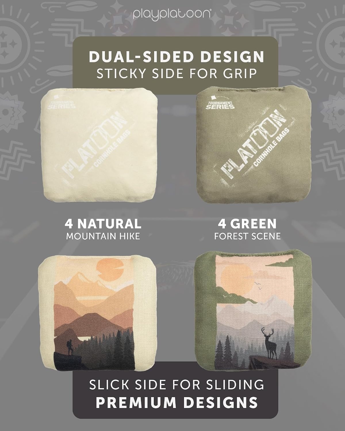 Play Platoon Pro Cornhole Bags Set of 8 – Professional Dual Sided Slick and Sticky Side Competition Corn Hole Bags – Tournament Series(Natural / Forest Green Hiking & Nature)