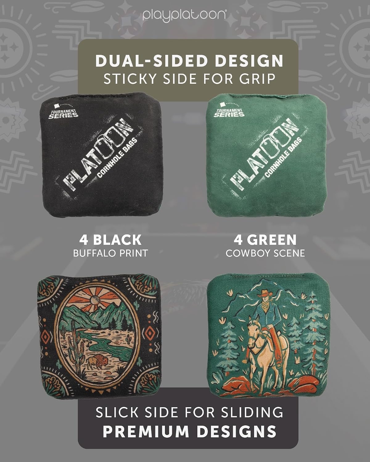 Play Platoon Pro Cornhole Bags Set of 8 – Professional Dual Sided Slick and Sticky Side Competition Corn Hole Bags – Tournament Series(Green / Black Horse & Buffalo)