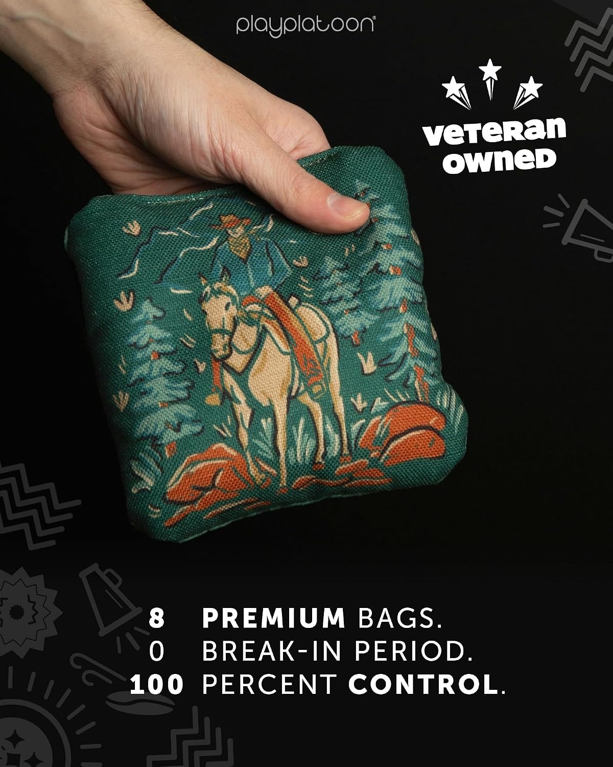 Play Platoon Pro Cornhole Bags Set of 8 – Professional Dual Sided Slick and Sticky Side Competition Corn Hole Bags – Tournament Series(Green / Black Horse & Buffalo) - view 4