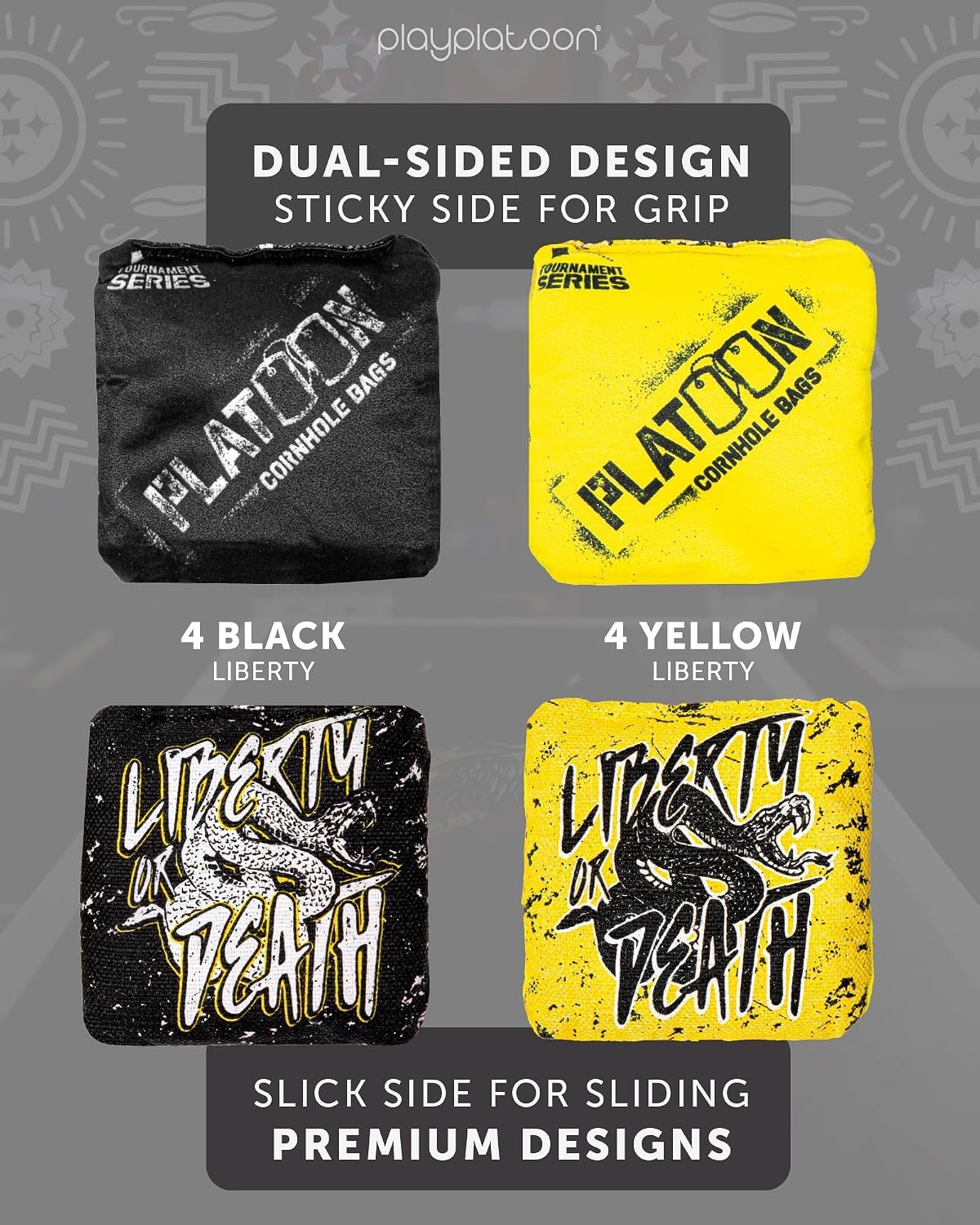 Play Platoon Pro Cornhole Bags Set of 8 – Professional Dual Sided Slick and Sticky Side Competition Corn Hole Bags – Tournament Series(Yellow / Black Liberty or Death)