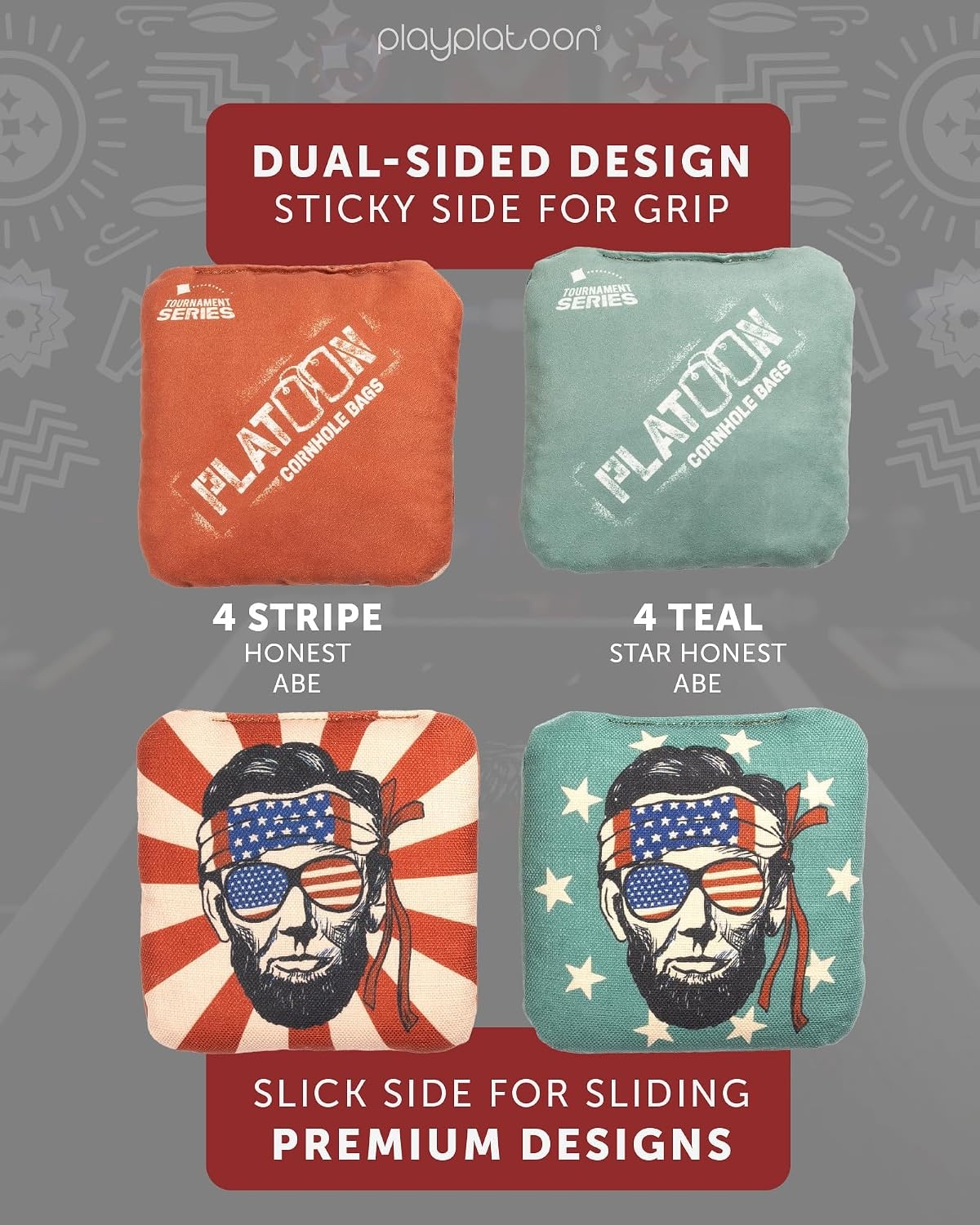 Play Platoon Pro Cornhole Bags Set of 8 – Professional Dual Sided Slick and Sticky Side Competition Corn Hole Bags – Tournament Series(Vintage Blue / Red Honest Abe)