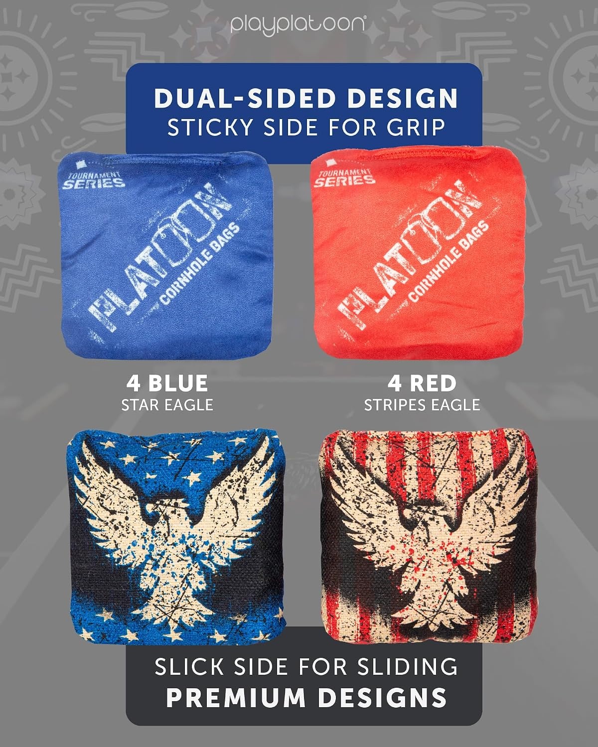 Play Platoon Pro Cornhole Bags Set of 8 – Professional Dual Sided Slick and Sticky Side Competition Corn Hole Bags – Tournament Series(Stars / Stripes Vintage Eagle)