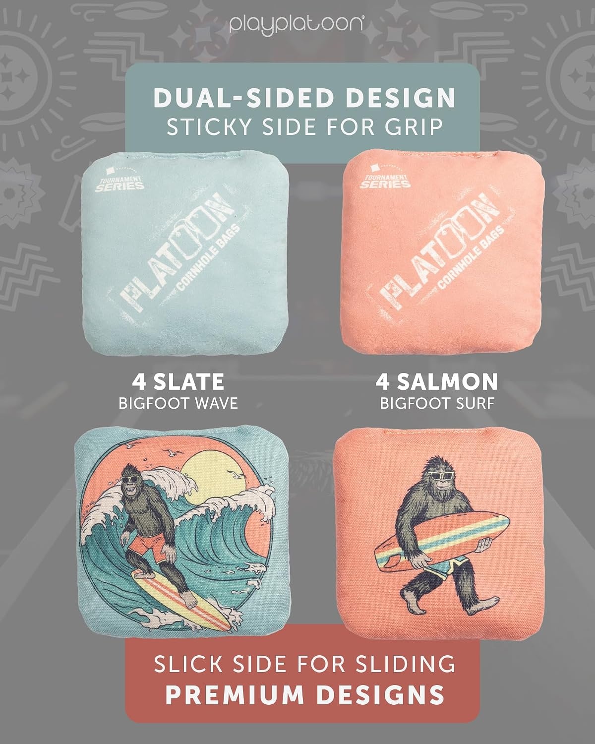 Play Platoon Pro Cornhole Bags Set of 8 – Professional Dual Sided Slick and Sticky Side Competition Corn Hole Bags – Tournament Series(Salmon / Slate Blue Big Foot Surf)