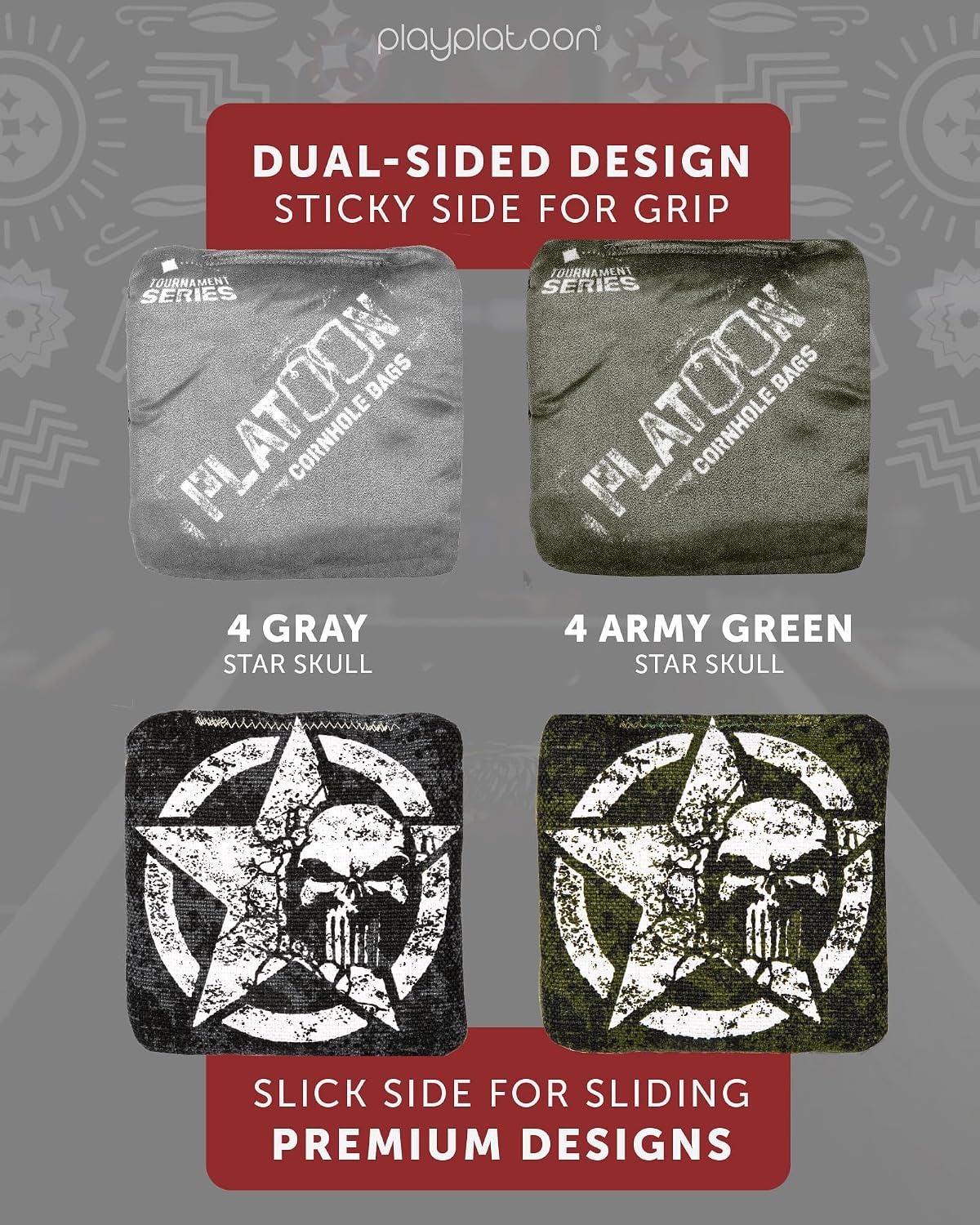 Play Platoon Pro Cornhole Bags Set of 8 – Professional Dual Sided Slick and Sticky Side Competition Corn Hole Bags – Tournament Series(Green / Gray Star Skulls)