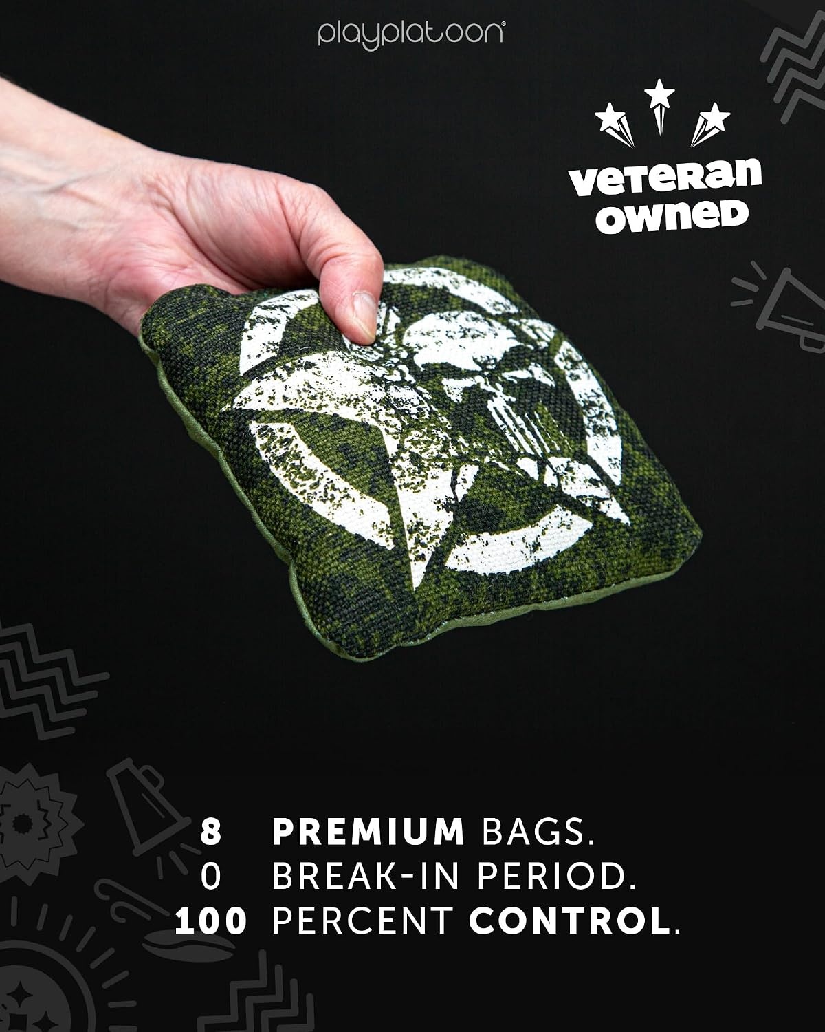Play Platoon Pro Cornhole Bags Set of 8 – Professional Dual Sided Slick and Sticky Side Competition Corn Hole Bags – Tournament Series(Green / Gray Star Skulls) - view 4