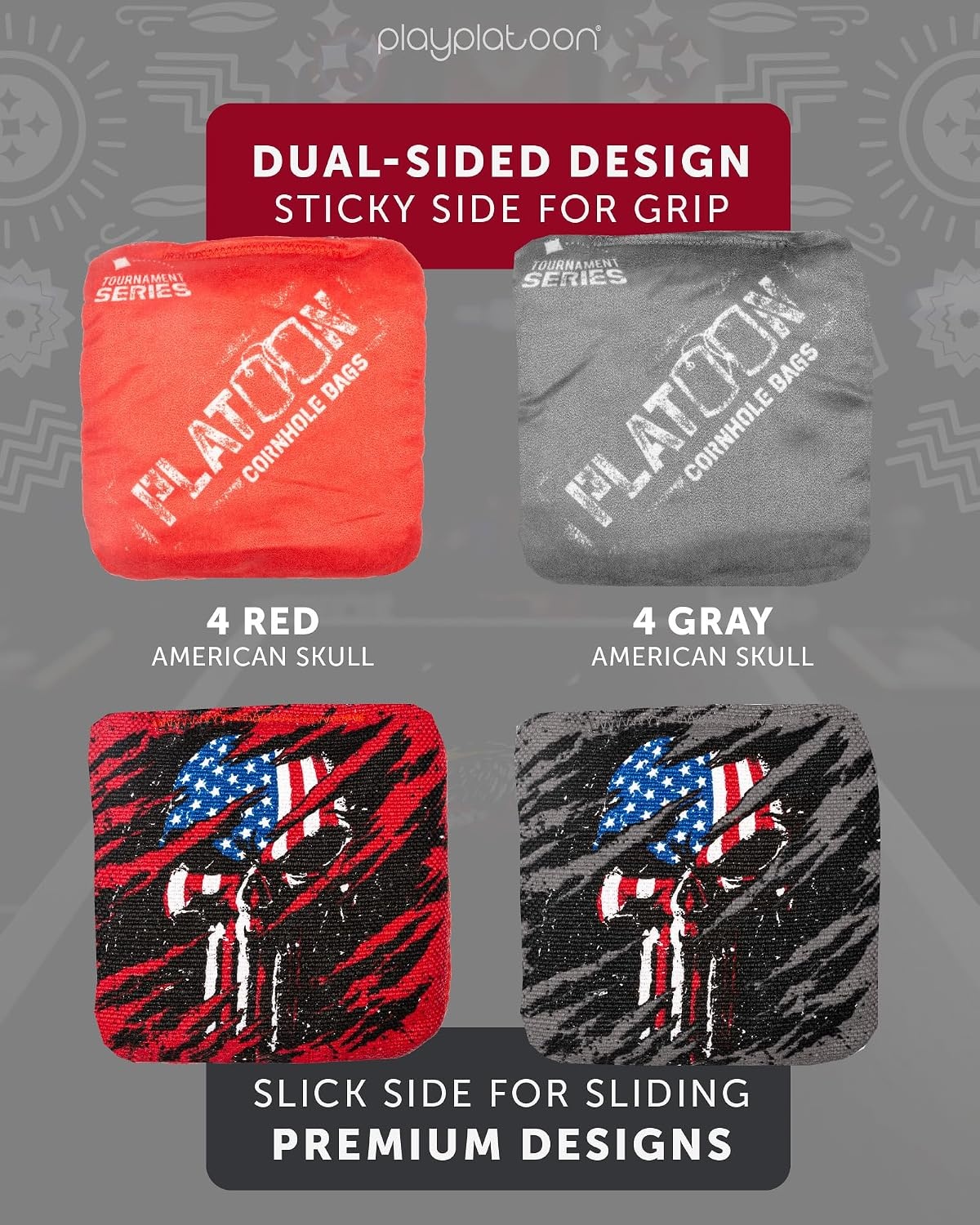 Play Platoon Pro Cornhole Bags Set of 8 – Professional Dual Sided Slick and Sticky Side Competition Corn Hole Bags – Tournament Series(Skull Red / Gray)