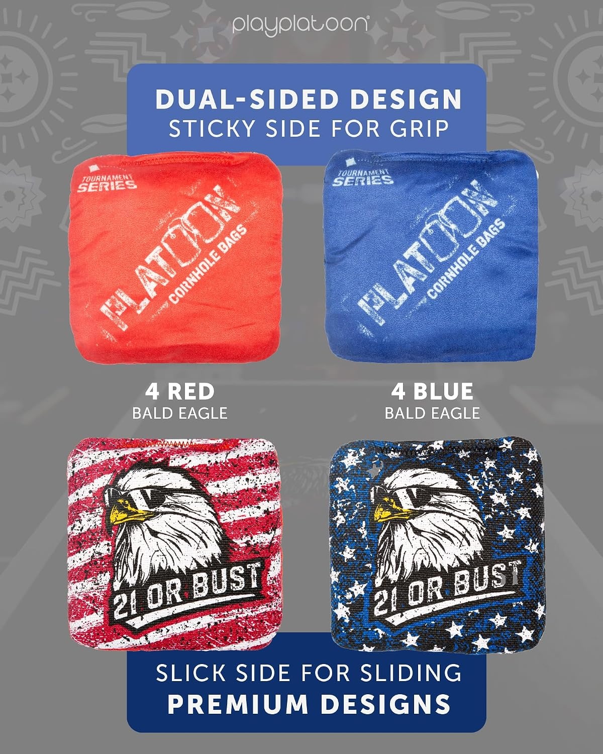 Play Platoon Pro Cornhole Bags Set of 8 – Professional Dual Sided Slick and Sticky Side Competition Corn Hole Bags – Tournament Series(Red / Blue Bald Eagles)