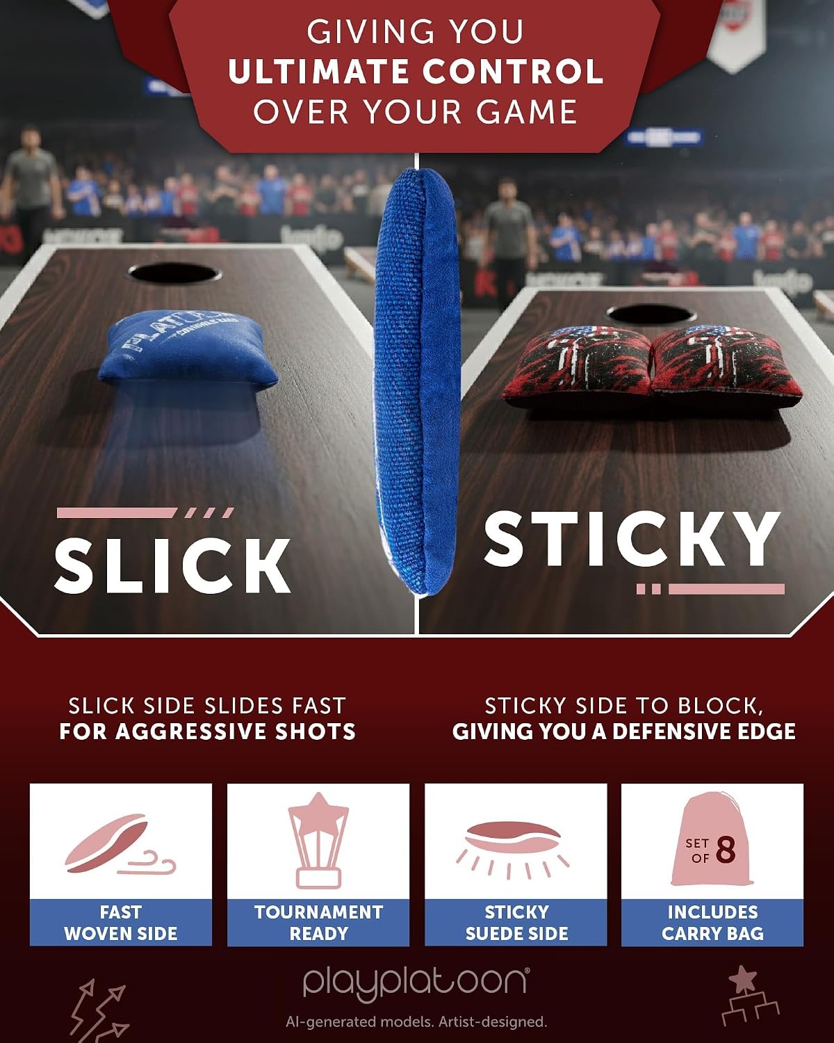 Play Platoon Pro Cornhole Bags Set of 8 – Professional Dual Sided Slick and Sticky Side Competition Corn Hole Bags – Tournament Series(Red / Blue Bald Eagles) - view 3